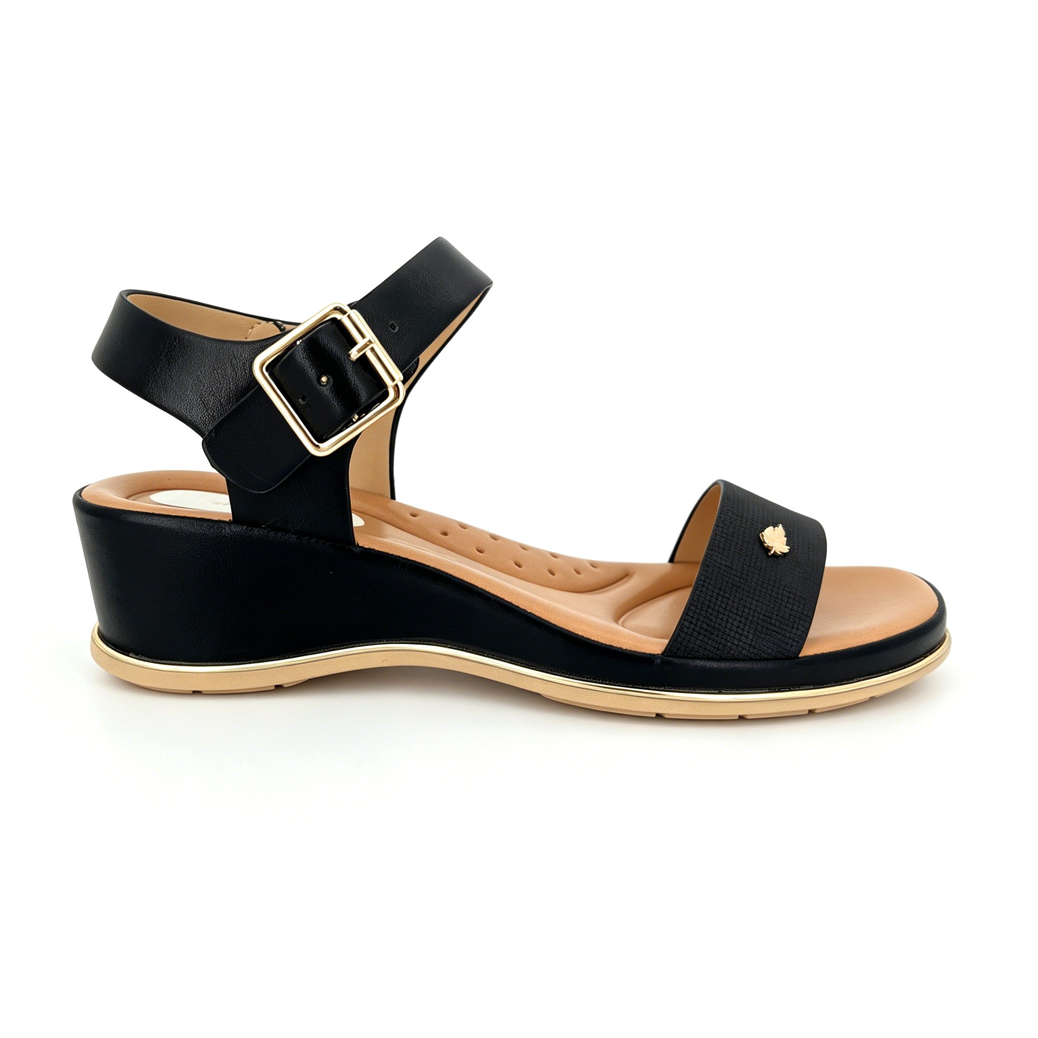 Women's Textured-Strap Gold Leaf Badge Low Wedge Sandals | Wholesale Comfort Platform Sandal | Multi-Color | EU 35–41