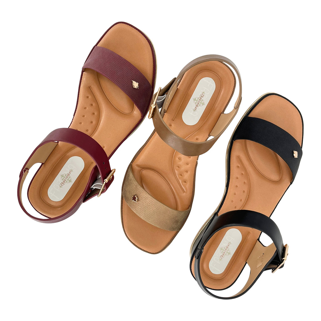 Women's Textured-Strap Gold Leaf Badge Low Wedge Sandals | Wholesale Comfort Platform Sandal | Multi-Color | EU 35–41