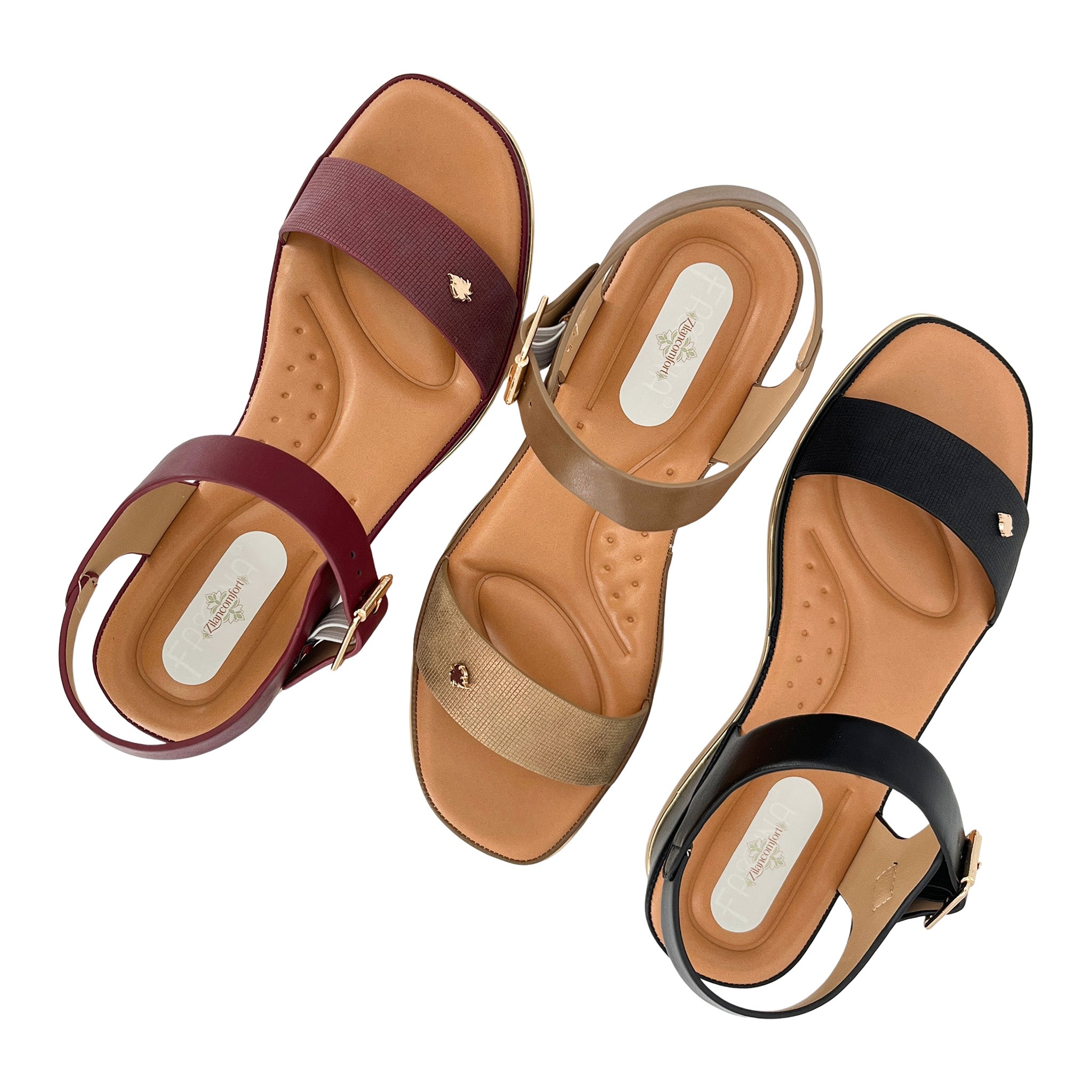 Women's Textured-Strap Gold Leaf Badge Low Wedge Sandals | Wholesale Comfort Platform Sandal | Multi-Color | EU 35–41