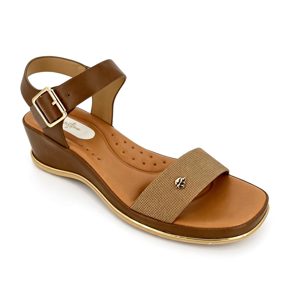 Women's Textured-Strap Gold Leaf Badge Low Wedge Sandals | Wholesale Comfort Platform Sandal | Multi-Color | EU 35–41