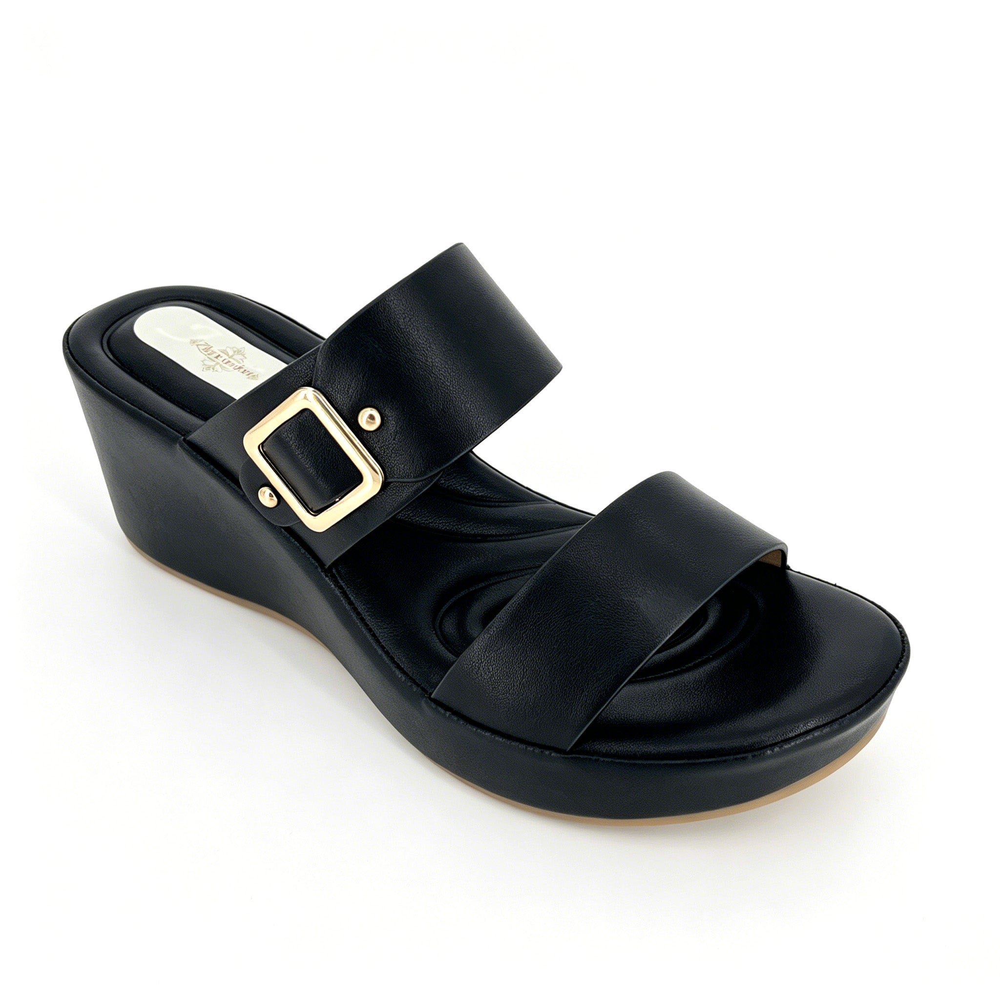 Women's Dual Wide-Strap Gold Buckle Wedge Mule Sandals | Wholesale Comfort Platform Slide | Multi-Color | EU 35–41