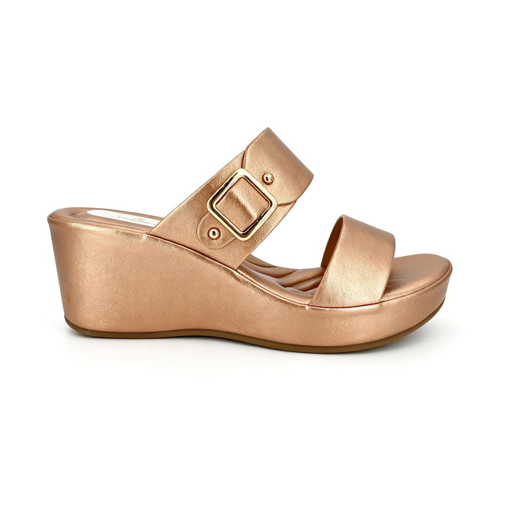 Women's Dual Wide-Strap Gold Buckle Wedge Mule Sandals | Wholesale Comfort Platform Slide | Multi-Color | EU 35–41