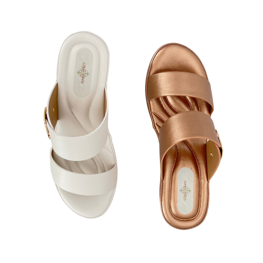 Women's Dual Wide-Strap Gold Buckle Wedge Mule Sandals | Wholesale Comfort Platform Slide | Multi-Color | EU 35–41