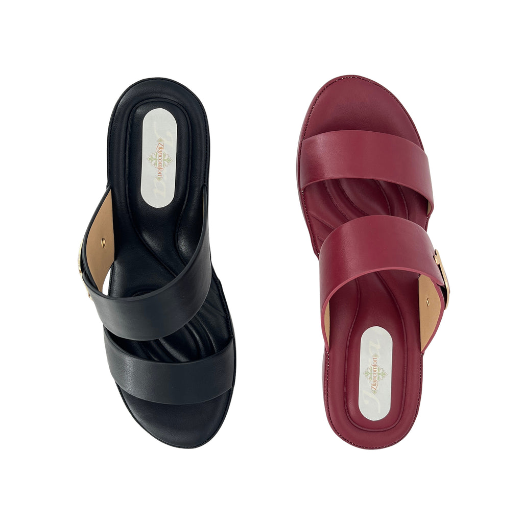 Women's Dual Wide-Strap Gold Buckle Wedge Mule Sandals | Wholesale Comfort Platform Slide | Multi-Color | EU 35–41