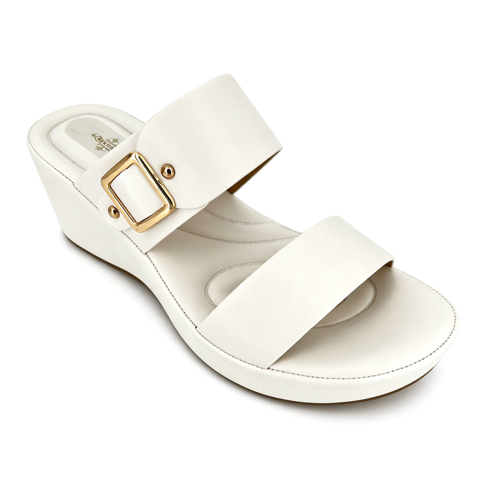 Women's Dual Wide-Strap Gold Buckle Wedge Mule Sandals | Wholesale Comfort Platform Slide | Multi-Color | EU 35–41