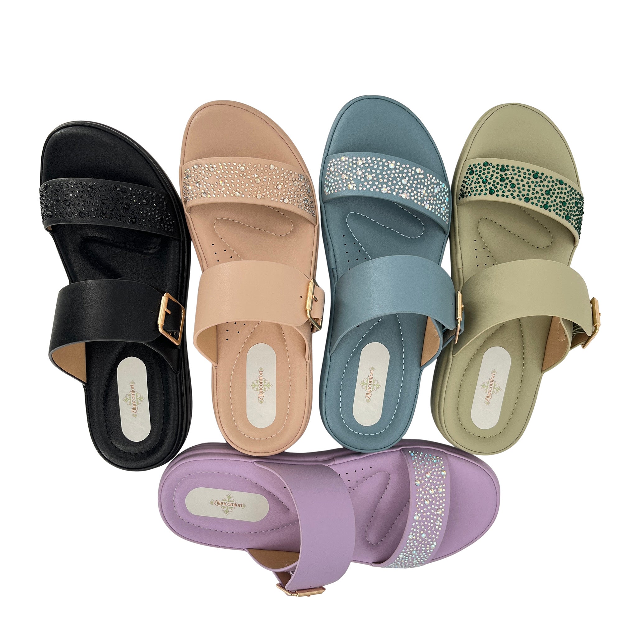 Women's Crystal-Scatter Double-Strap Wedge Mule Sandals | Wholesale Platform Comfort Sandal | Multi-Color | EU 28–41