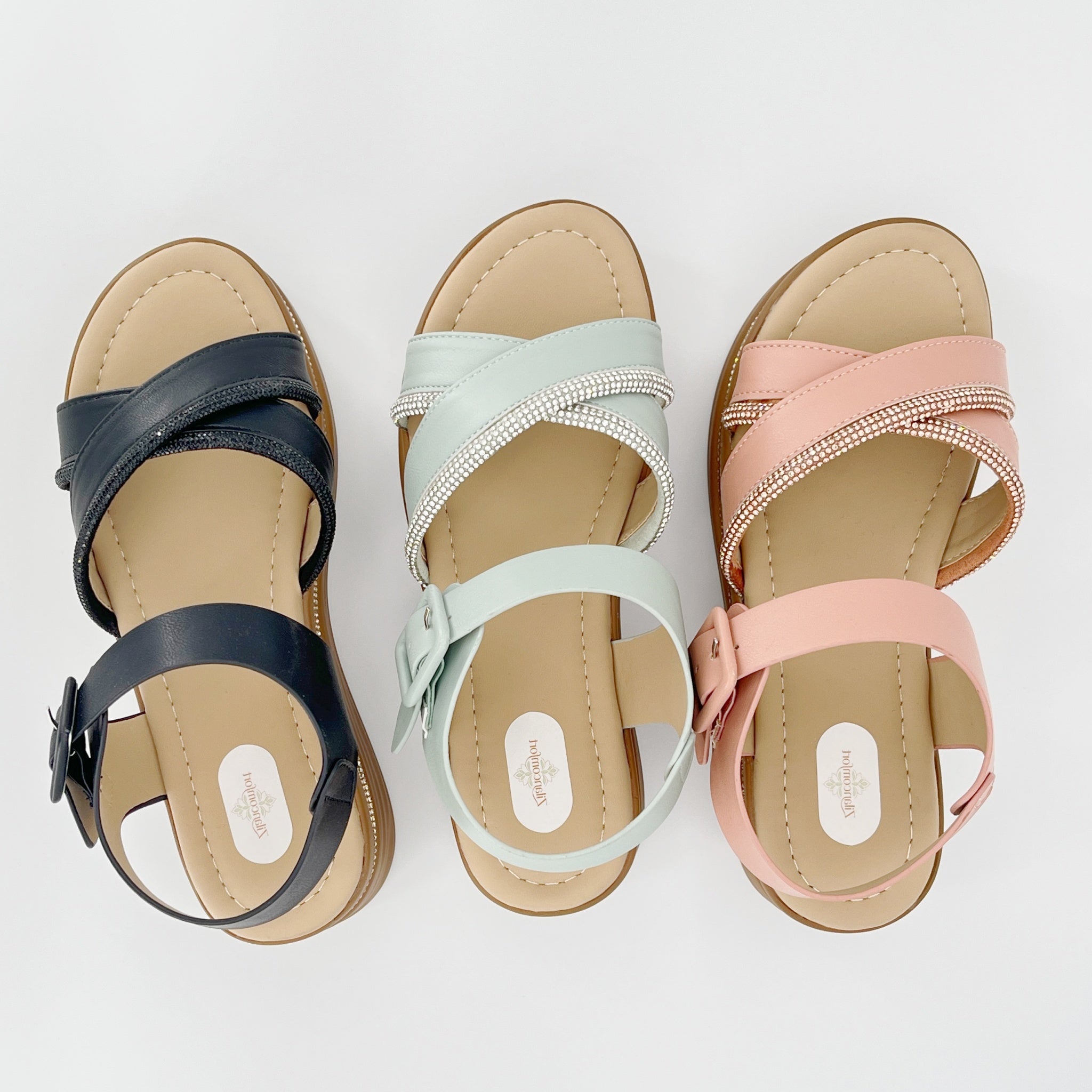 ZC Women's Cross-Strap Rhinestone Wedge Sandals – Wholesale | Comfort Fit | Multi-Color Options