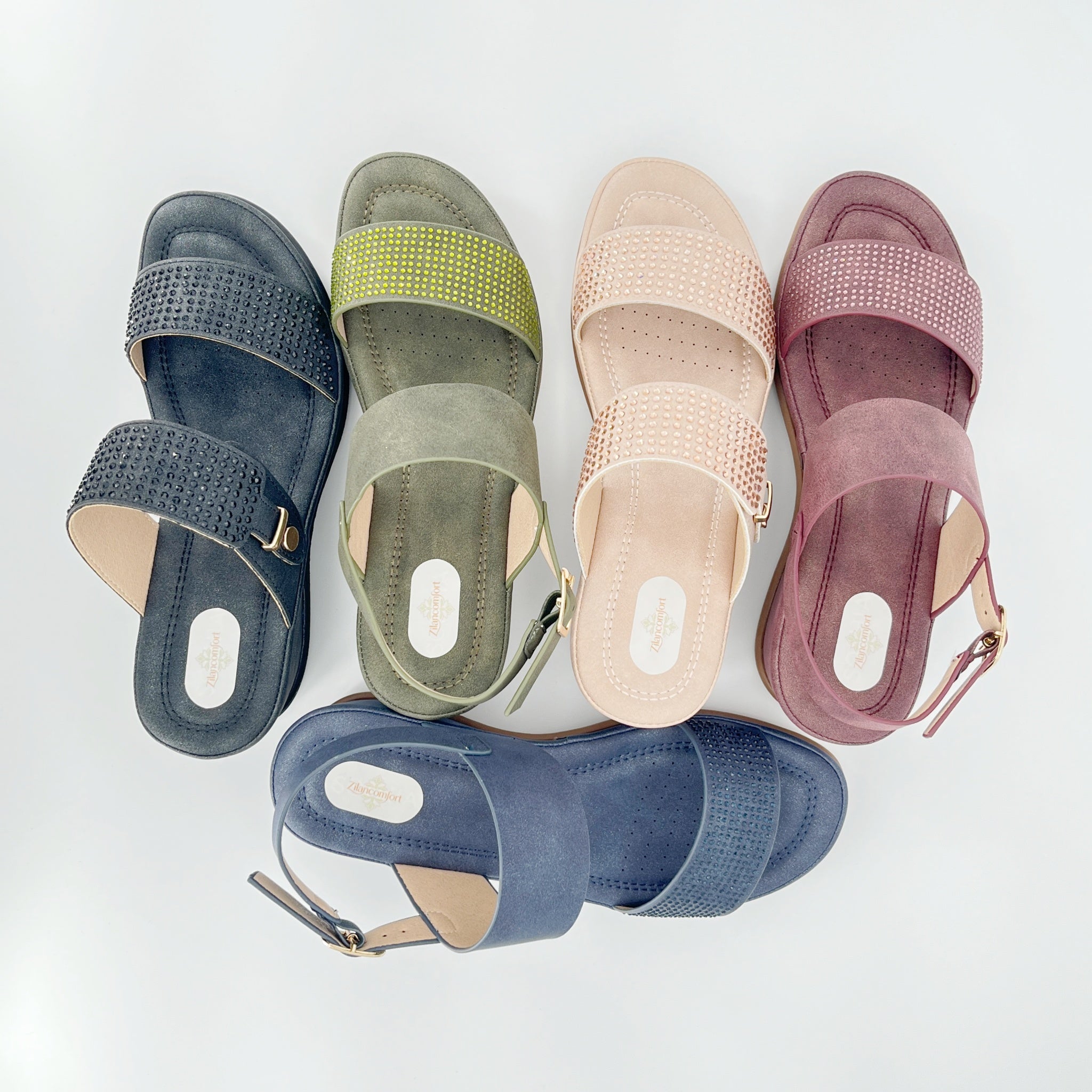 ZC Women's Tonal Crystal Adjustable Wedge Sandals – Wholesale | Comfort Fit | Multi-Color Options