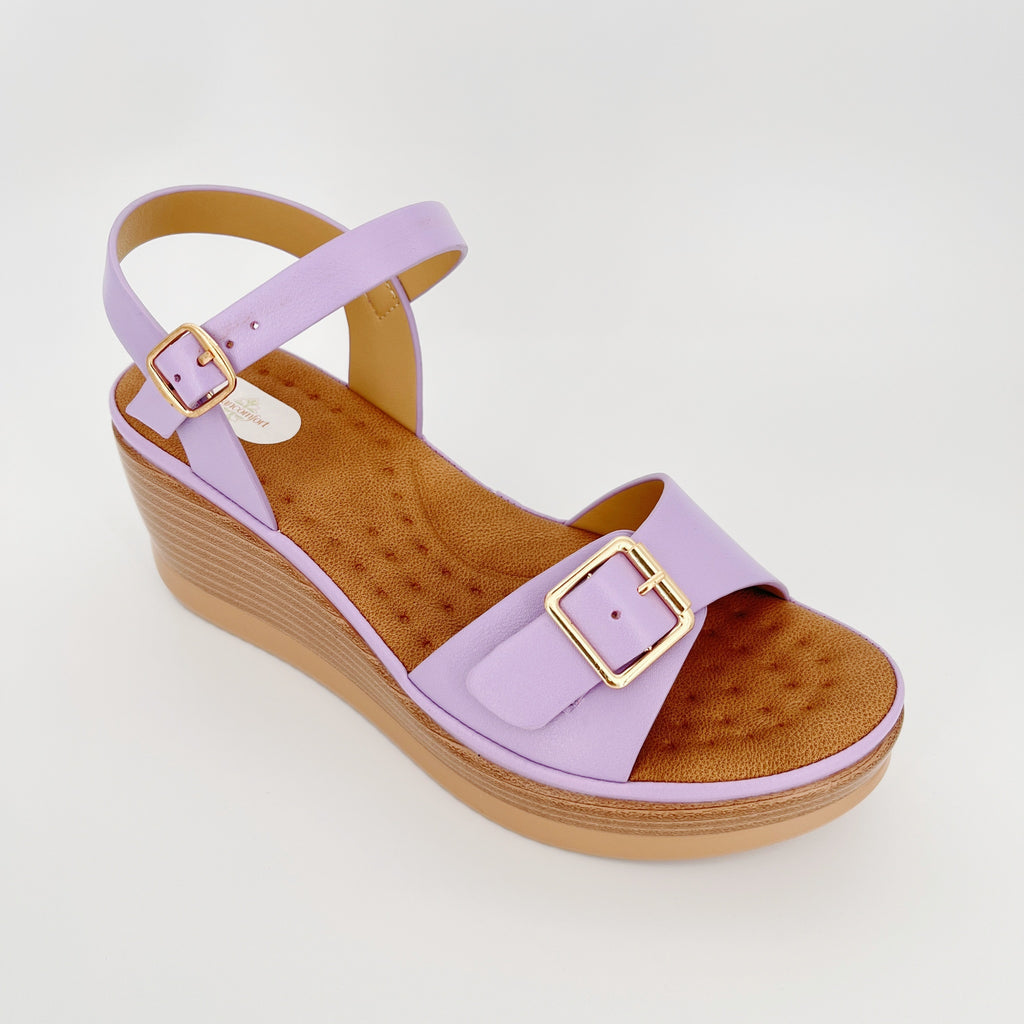 ZC Women's Wide-Band Gold Buckle Wood-Grain Wedge Sandals – Wholesale | Comfort Fit | Multi-Color Options