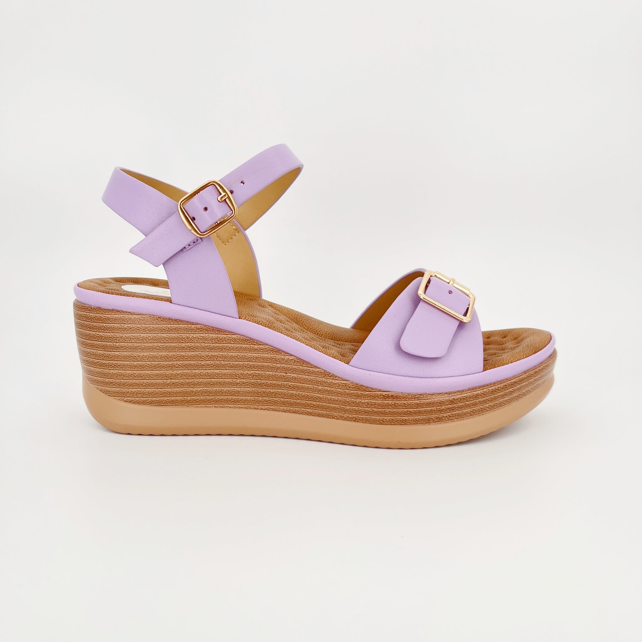 ZC Women's Wide-Band Gold Buckle Wood-Grain Wedge Sandals – Wholesale | Comfort Fit | Multi-Color Options