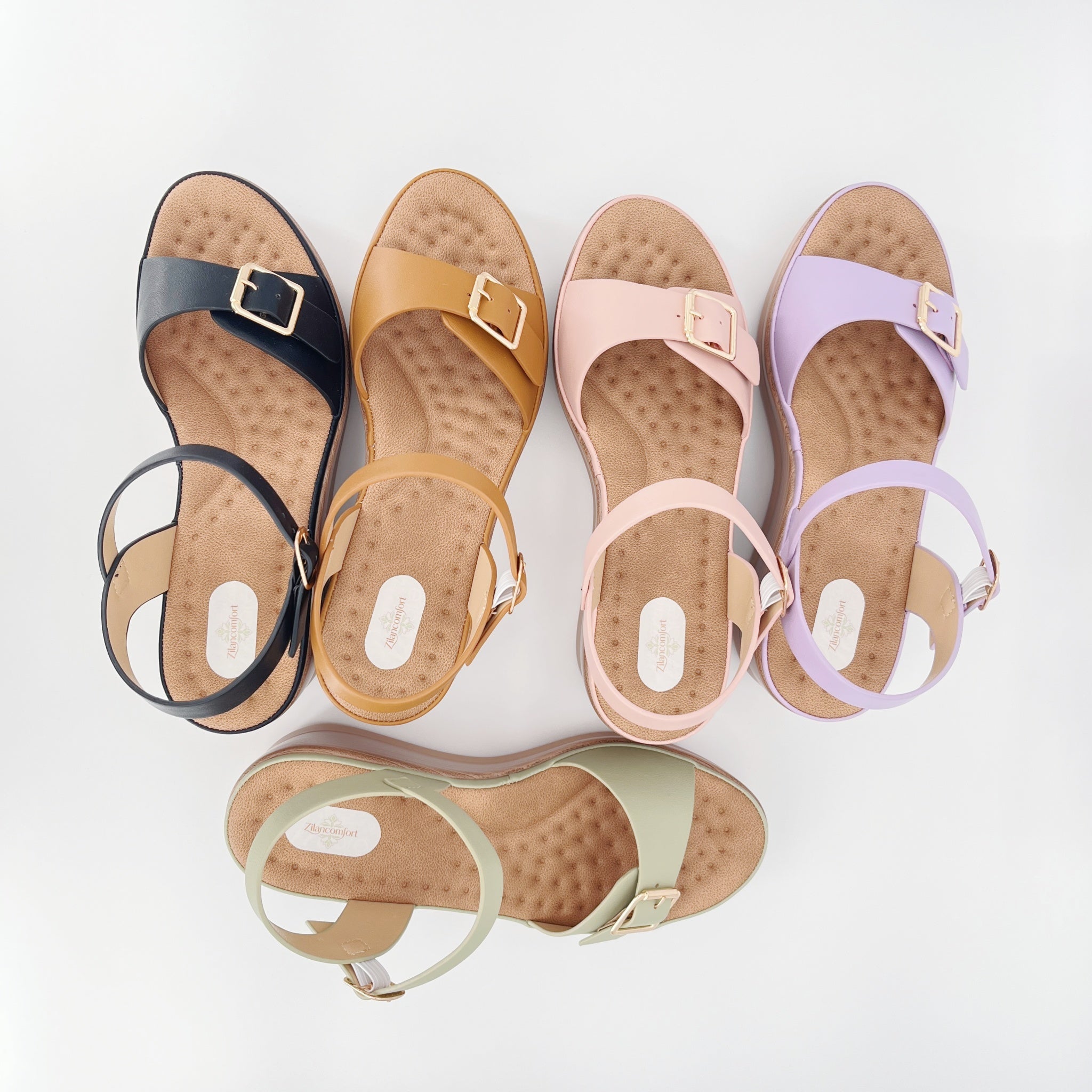 ZC Women's Wide-Band Gold Buckle Wood-Grain Wedge Sandals – Wholesale | Comfort Fit | Multi-Color Options