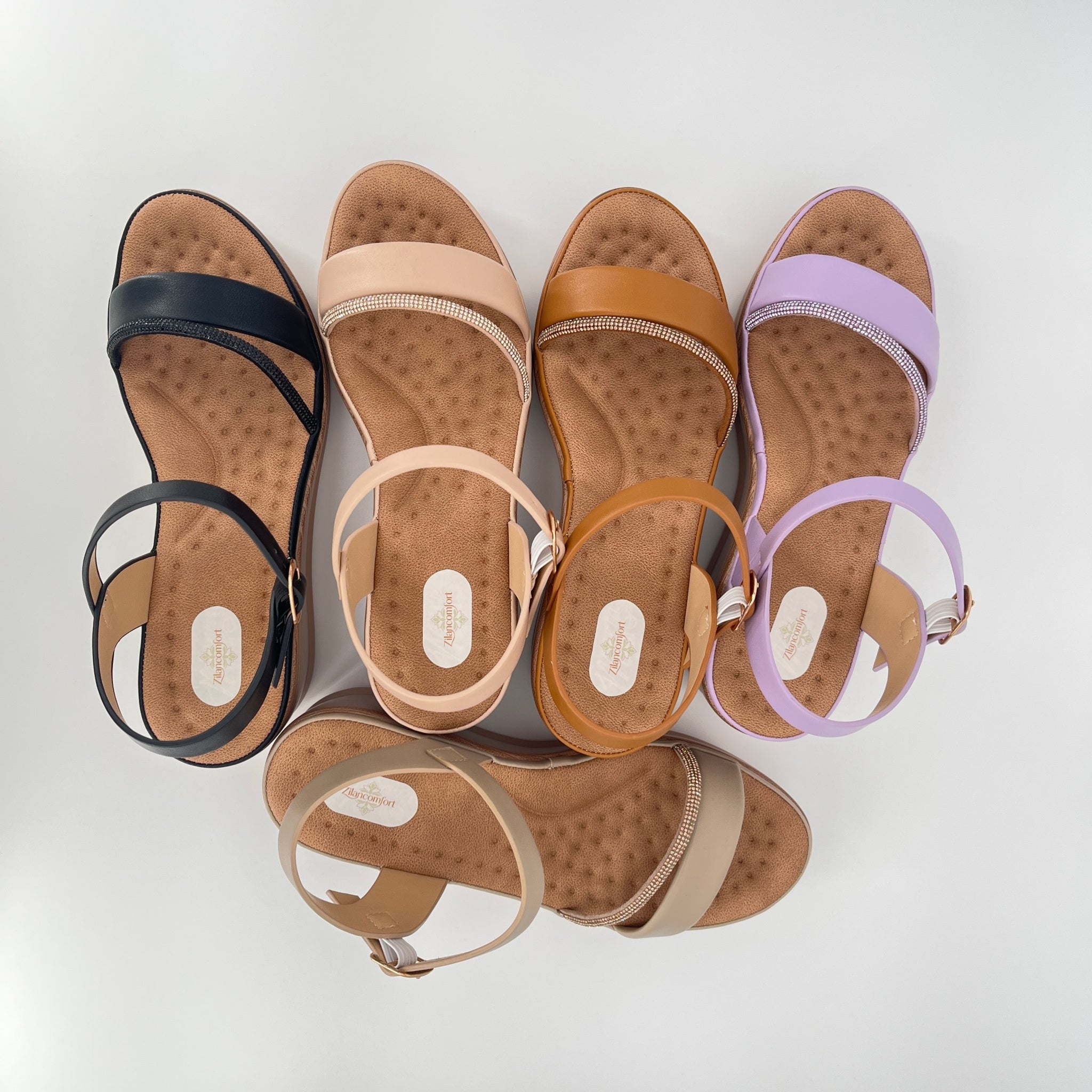 ZC Women's Crystal-Strap Duo Wood-Grain Wedge Sandals – Wholesale | Comfort Fit | Multi-Color Options