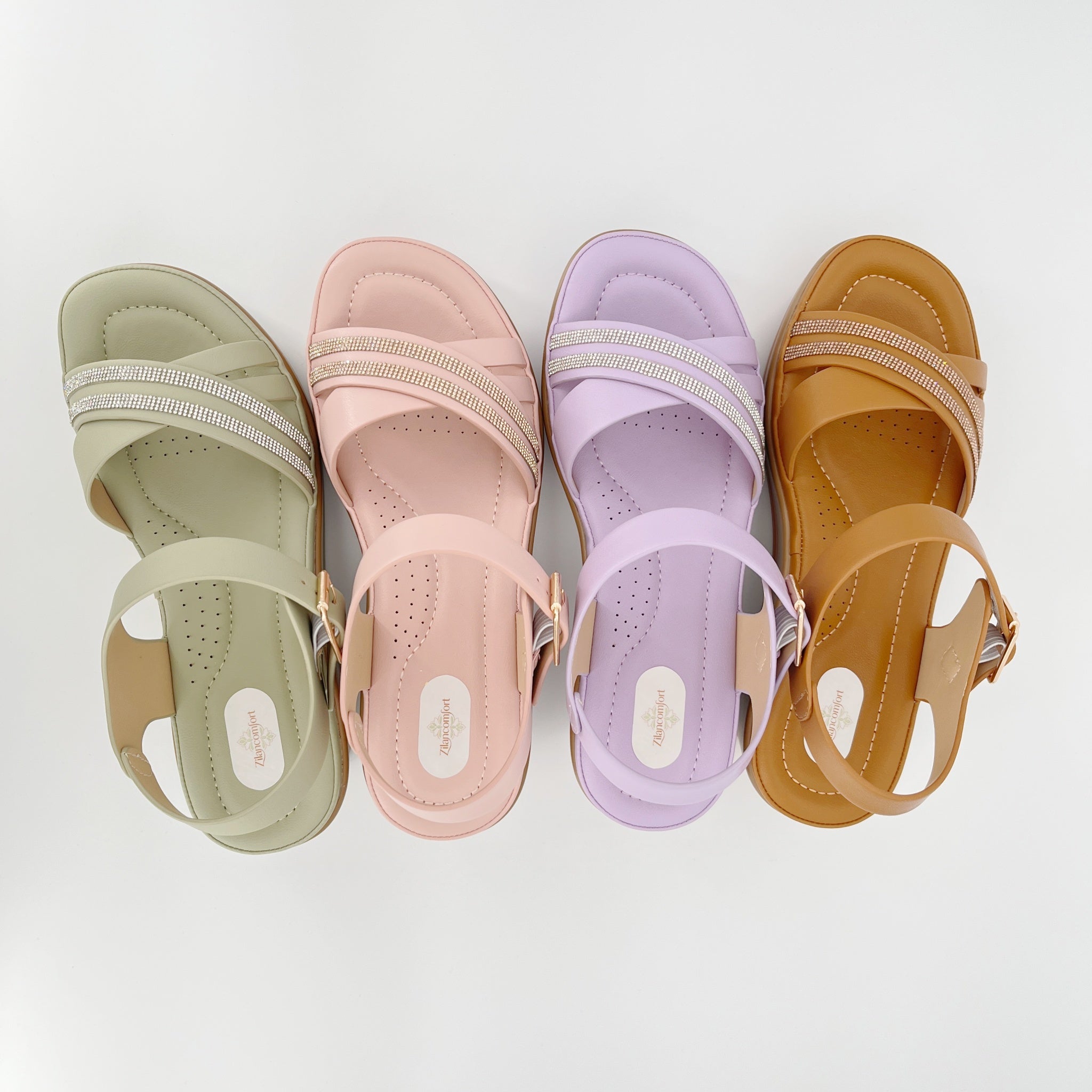 ZC Women's Crystal-Strip Cross-Strap Wedge Sandals – Wholesale | Comfort Fit | Multi-Color Options