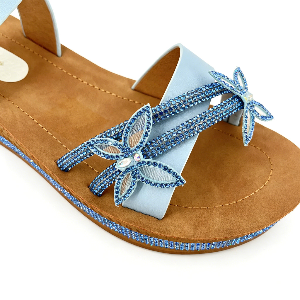 Women's Rhinestone Cross-Strap Wedge Sandals with 3D Floral Embellishment | Crystal-Trim Espadrille Platform