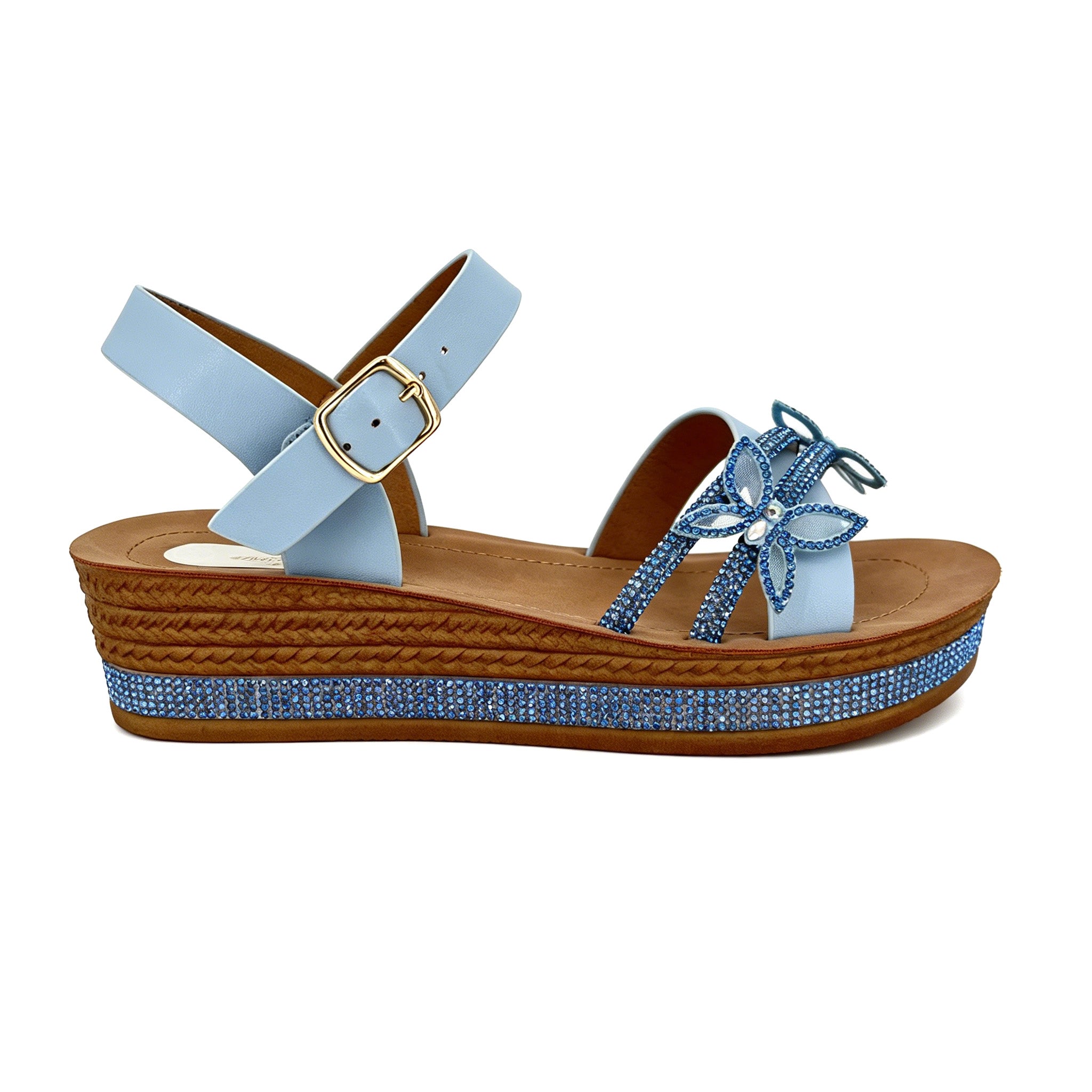Women's Rhinestone Cross-Strap Wedge Sandals with 3D Floral Embellishment | Crystal-Trim Espadrille Platform
