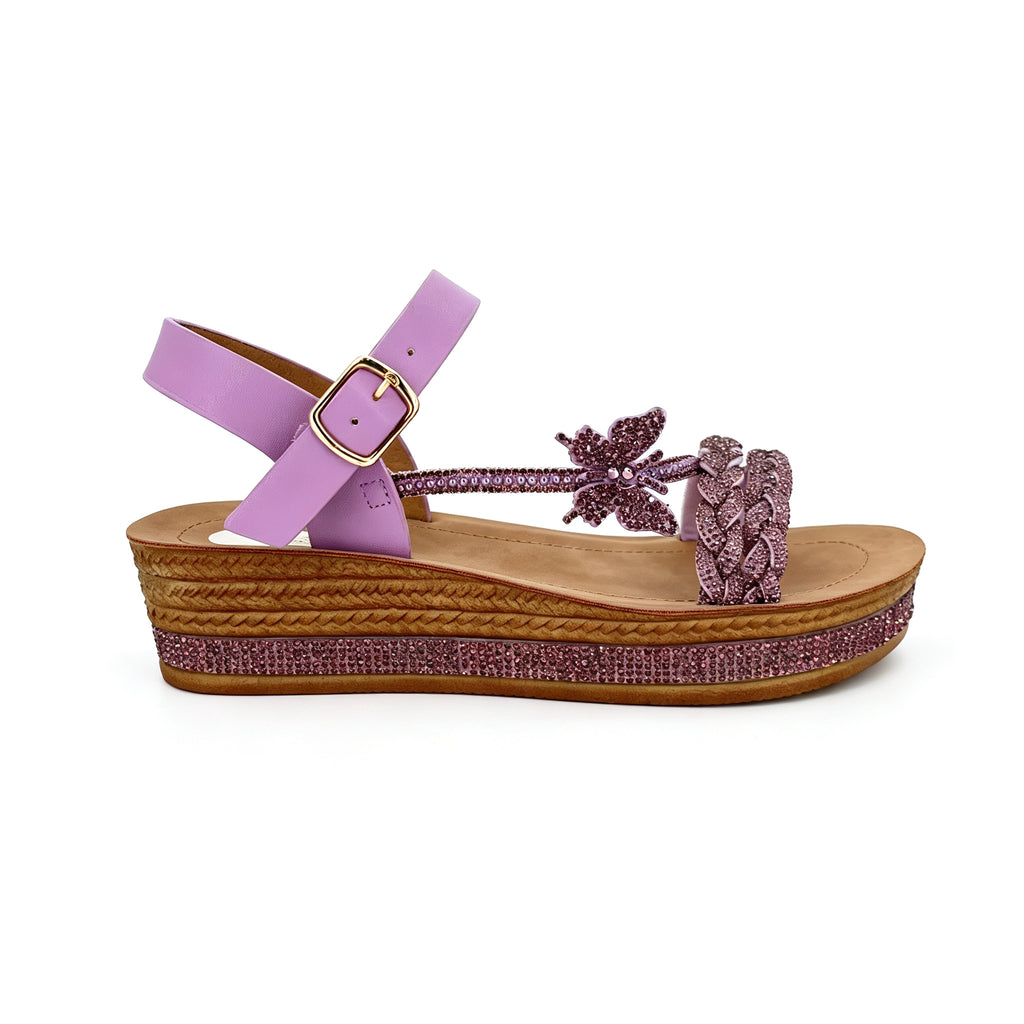 Women's Rhinestone Braided Toe-Ring Wedge Sandals with 3D Butterfly | Crystal-Trim Espadrille Platform