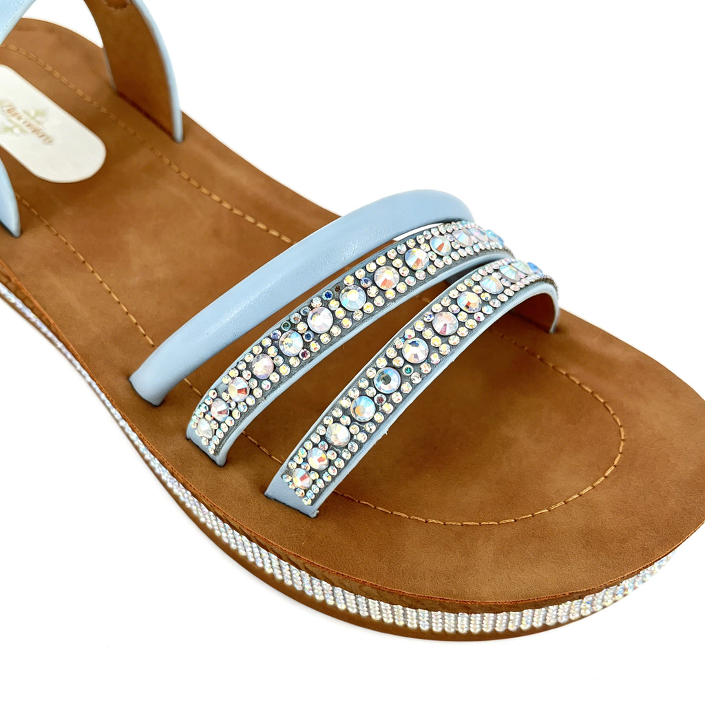 Women's Triple Rhinestone Strap Flat Sandals with AB Crystal & Toe-Ring | Crystal-Trim Espadrille Platform