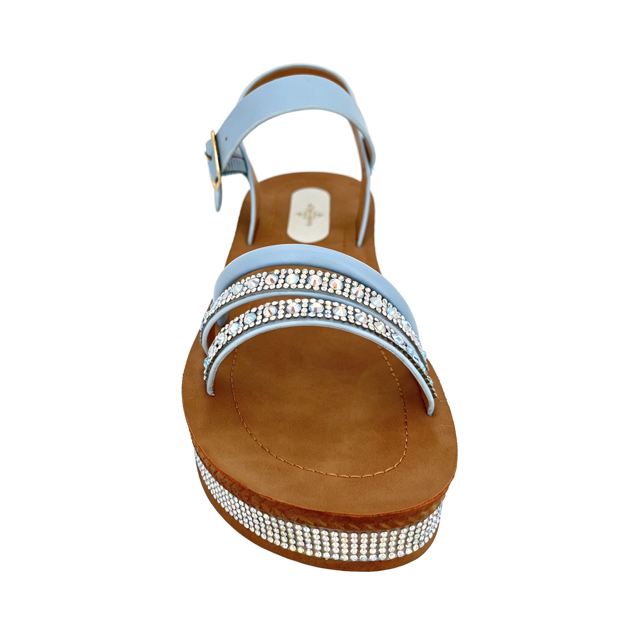 Women's Triple Rhinestone Strap Flat Sandals with AB Crystal & Toe-Ring | Crystal-Trim Espadrille Platform