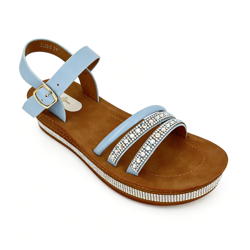 Women's Triple Rhinestone Strap Flat Sandals with AB Crystal & Toe-Ring | Crystal-Trim Espadrille Platform