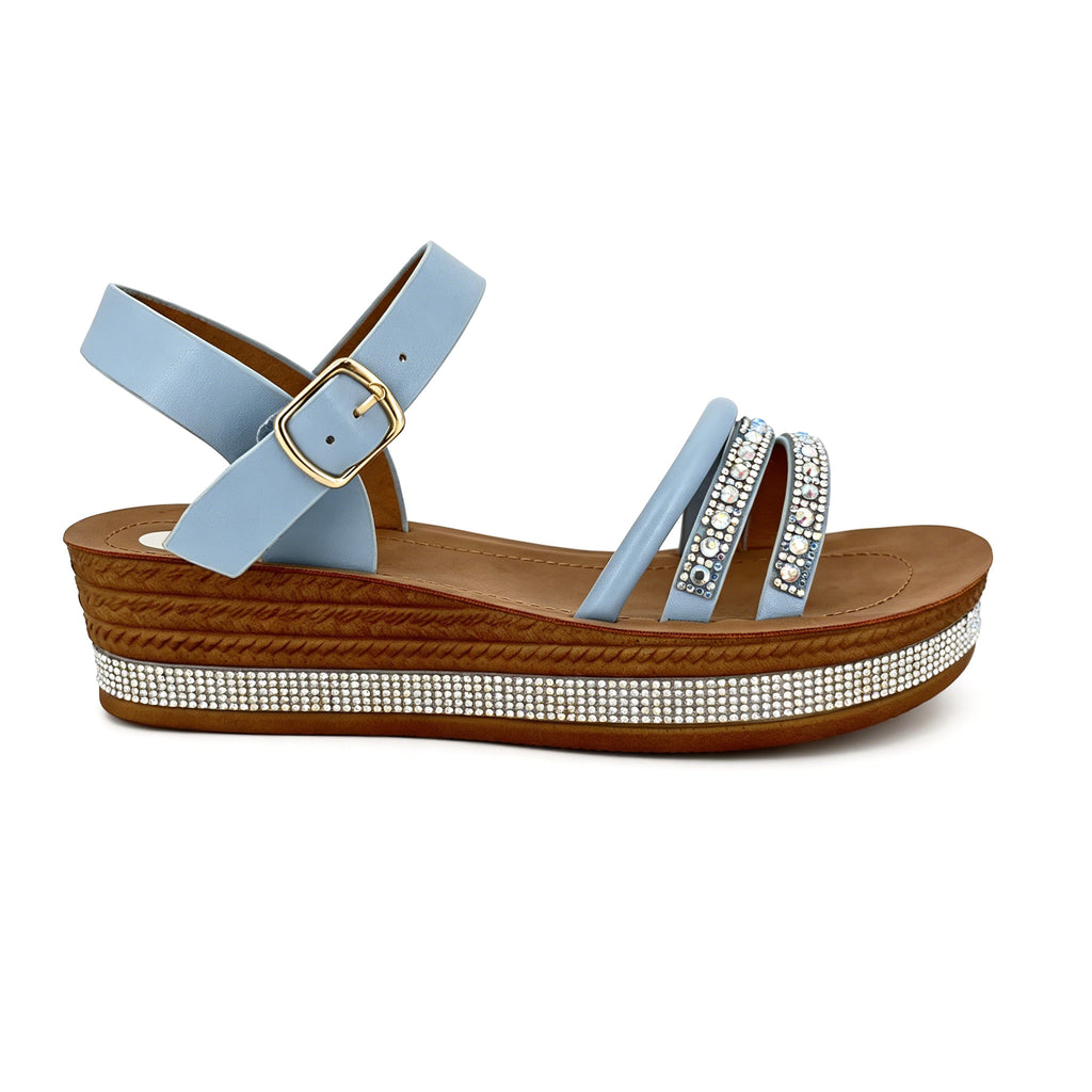 Women's Triple Rhinestone Strap Flat Sandals with AB Crystal & Toe-Ring | Crystal-Trim Espadrille Platform