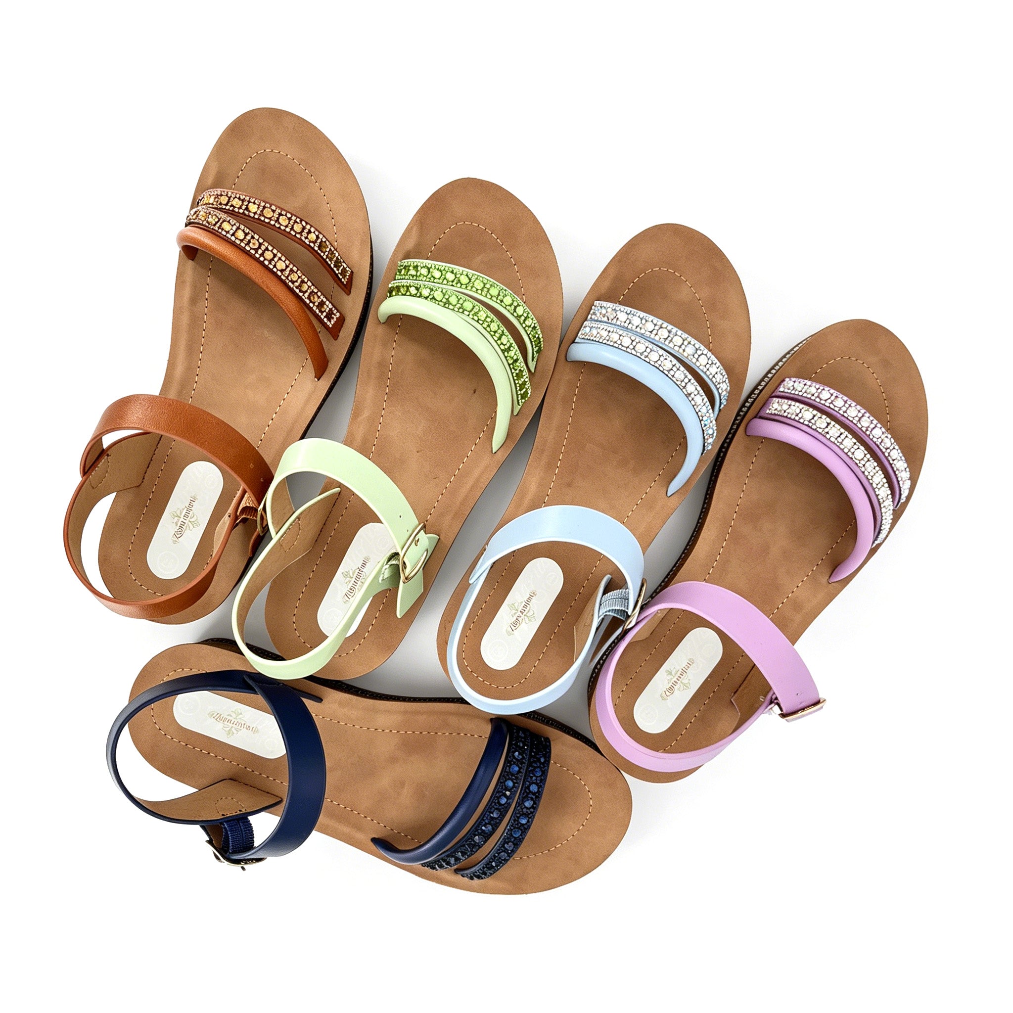 Women's Triple Rhinestone Strap Flat Sandals with AB Crystal & Toe-Ring | Crystal-Trim Espadrille Platform