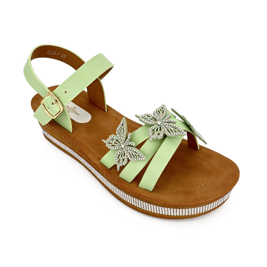 Women's Triple-Strap Toe-Ring Wedge Sandals with Triple 3D Butterfly | Crystal-Trim Espadrille Platform