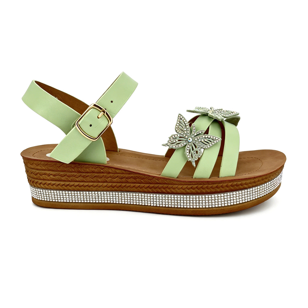 Women's Triple-Strap Toe-Ring Wedge Sandals with Triple 3D Butterfly | Crystal-Trim Espadrille Platform