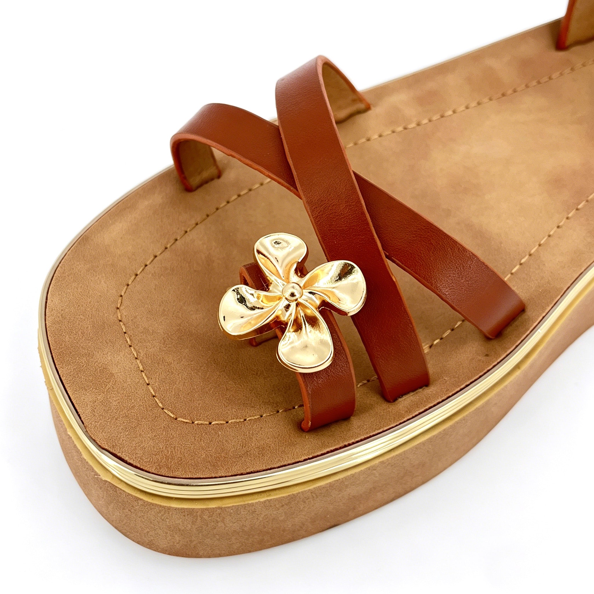 Women's Cross-Strap Toe-Ring Wedge Sandals with Gold Metal Flower | Gold-Line Platform