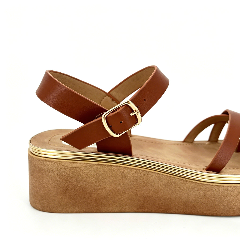 Women's Cross-Strap Toe-Ring Wedge Sandals with Gold Metal Flower | Gold-Line Platform
