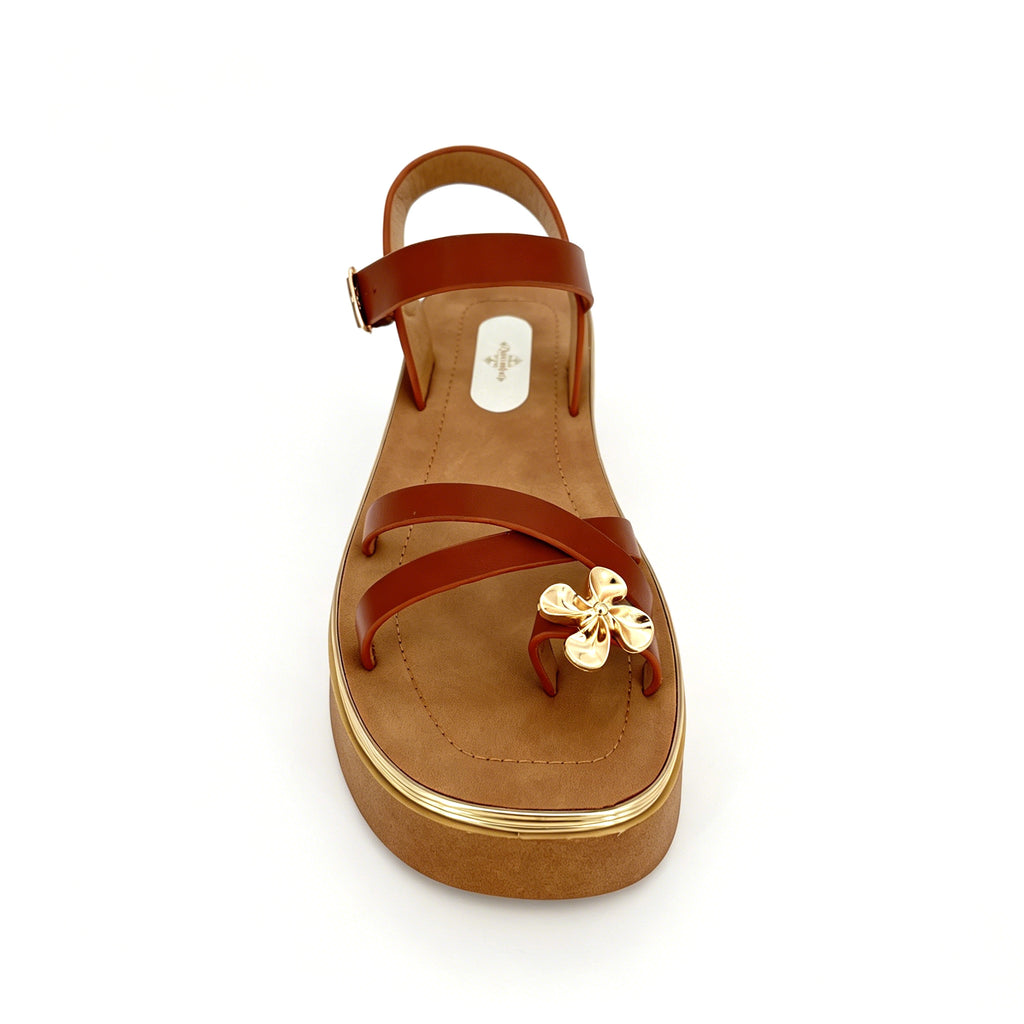 Women's Cross-Strap Toe-Ring Wedge Sandals with Gold Metal Flower | Gold-Line Platform