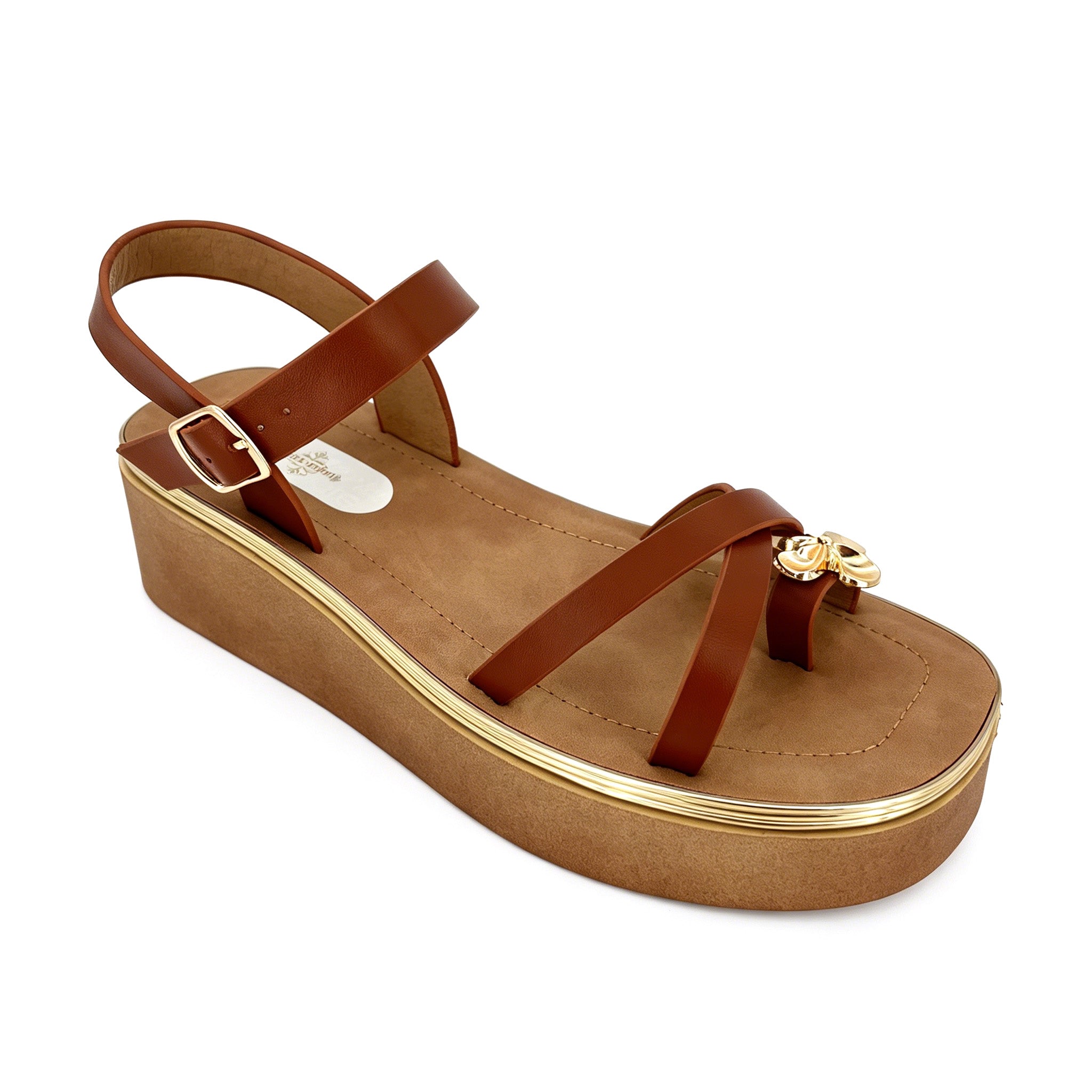 Women's Cross-Strap Toe-Ring Wedge Sandals with Gold Metal Flower | Gold-Line Platform