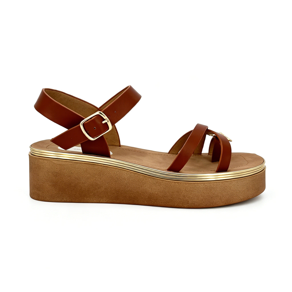Women's Cross-Strap Toe-Ring Wedge Sandals with Gold Metal Flower | Gold-Line Platform
