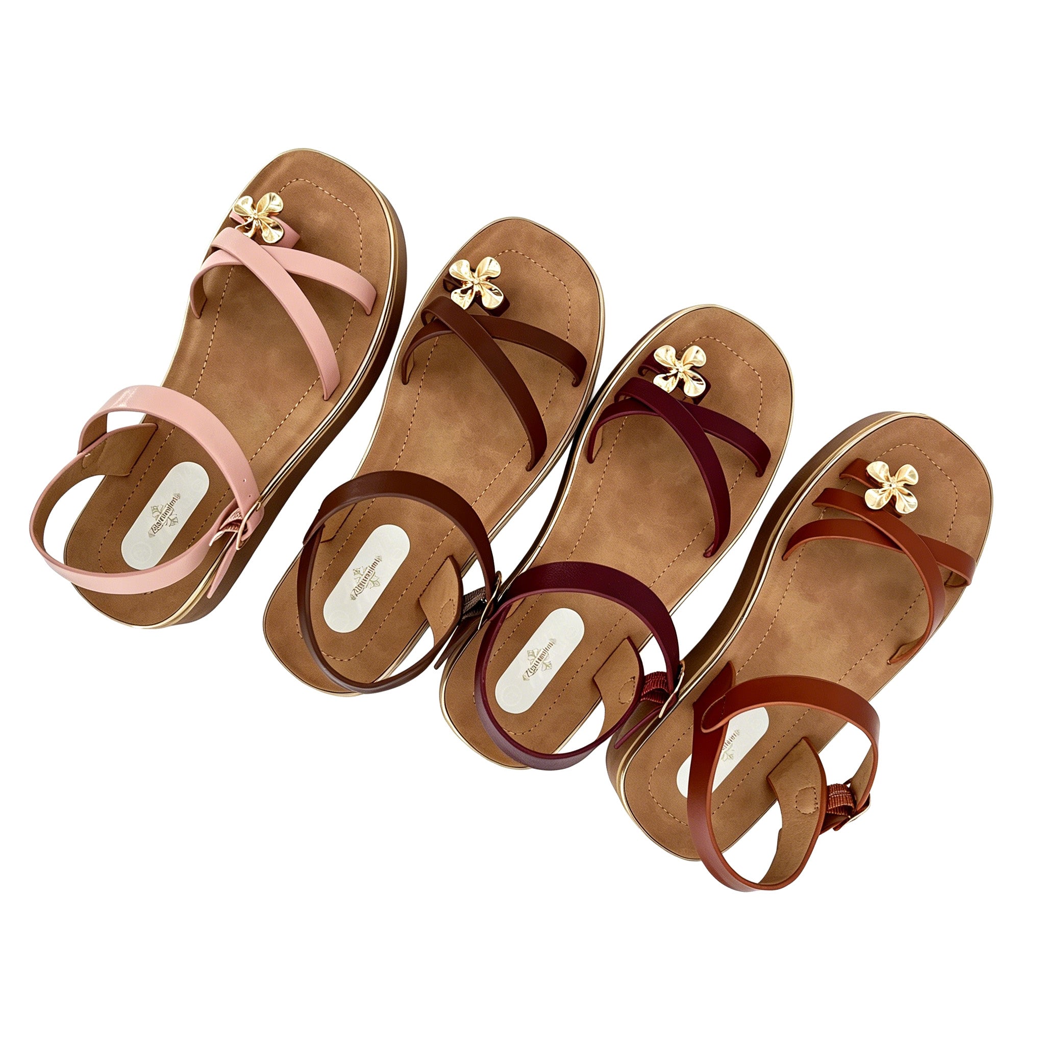 Women's Cross-Strap Toe-Ring Wedge Sandals with Gold Metal Flower | Gold-Line Platform