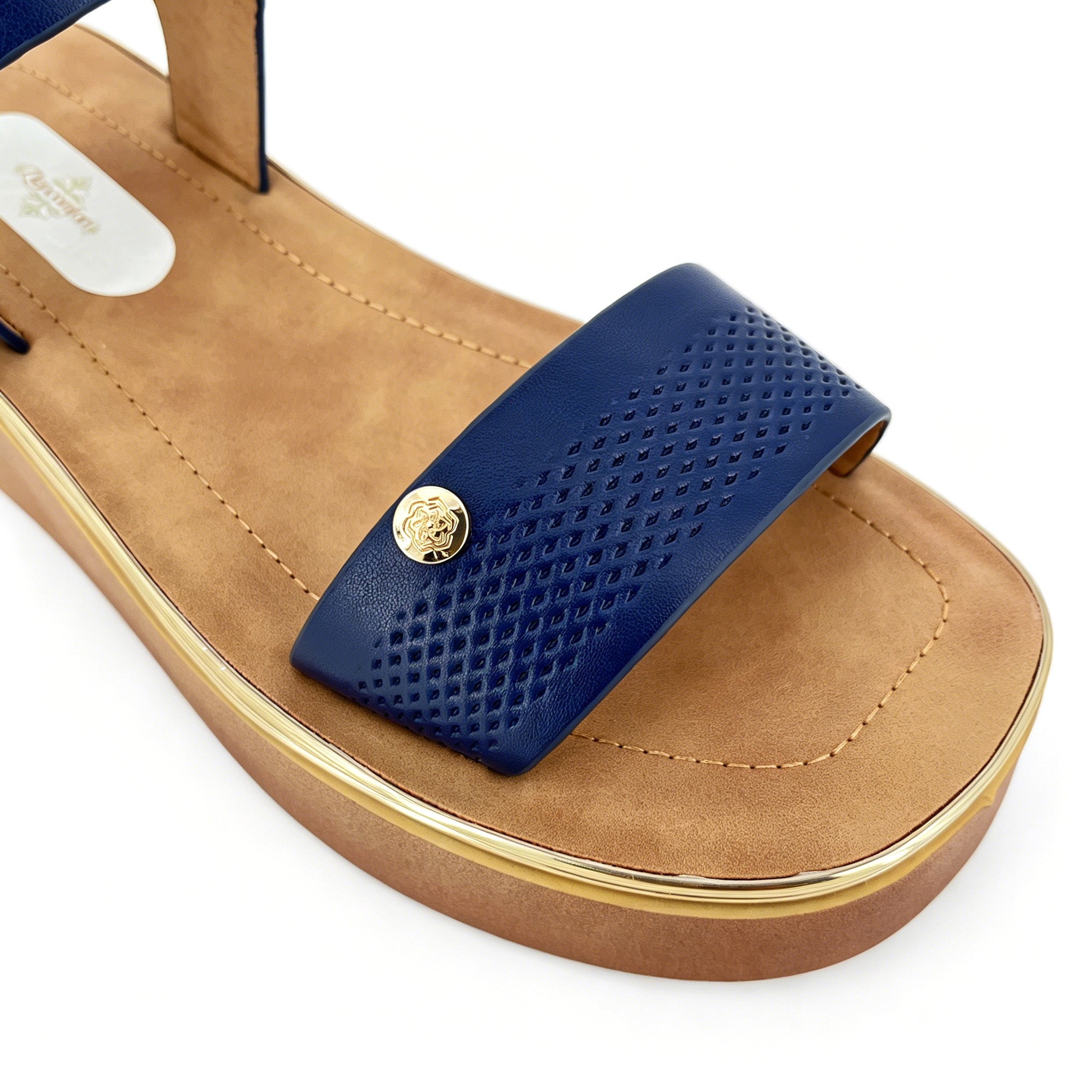 Women's Wide-Strap Platform Sandals with Gold Rose Badge | Multi-Line Gold Trim Platform