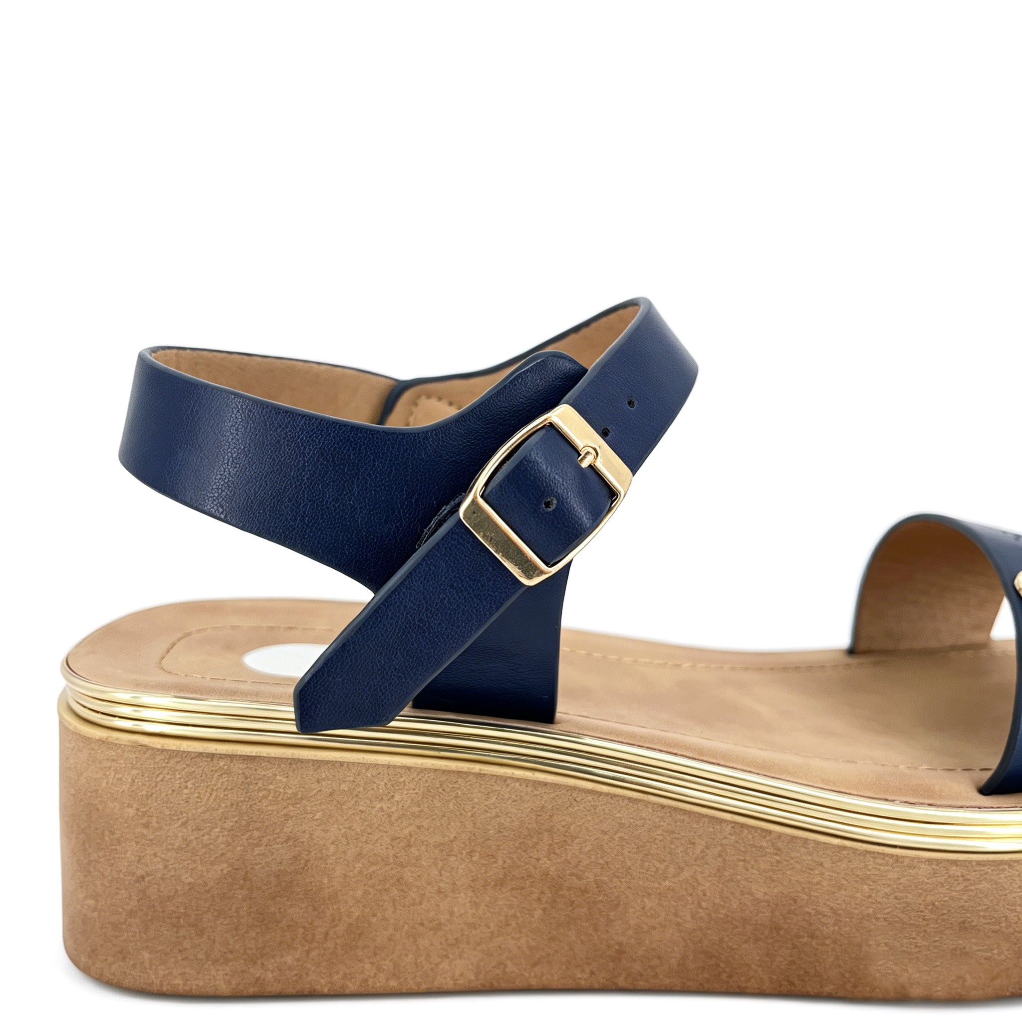 Women's Wide-Strap Platform Sandals with Gold Rose Badge | Multi-Line Gold Trim Platform