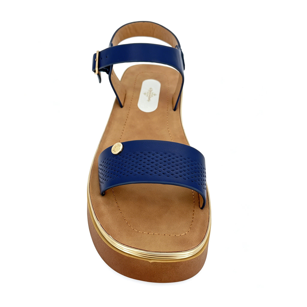 Women's Wide-Strap Platform Sandals with Gold Rose Badge | Multi-Line Gold Trim Platform