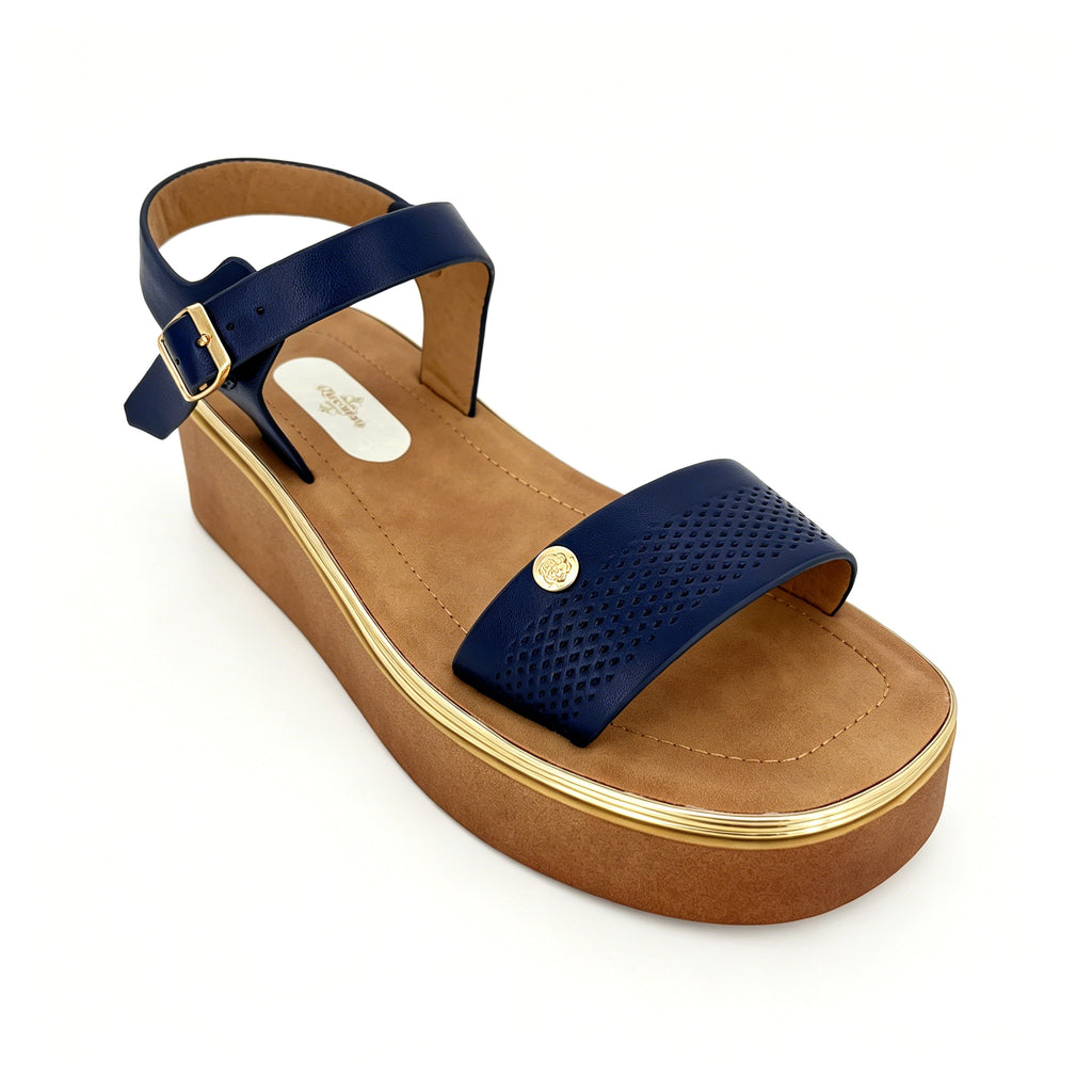 Women's Wide-Strap Platform Sandals with Gold Rose Badge | Multi-Line Gold Trim Platform