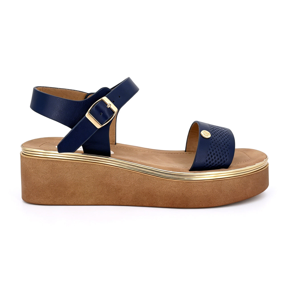 Women's Wide-Strap Platform Sandals with Gold Rose Badge | Multi-Line Gold Trim Platform