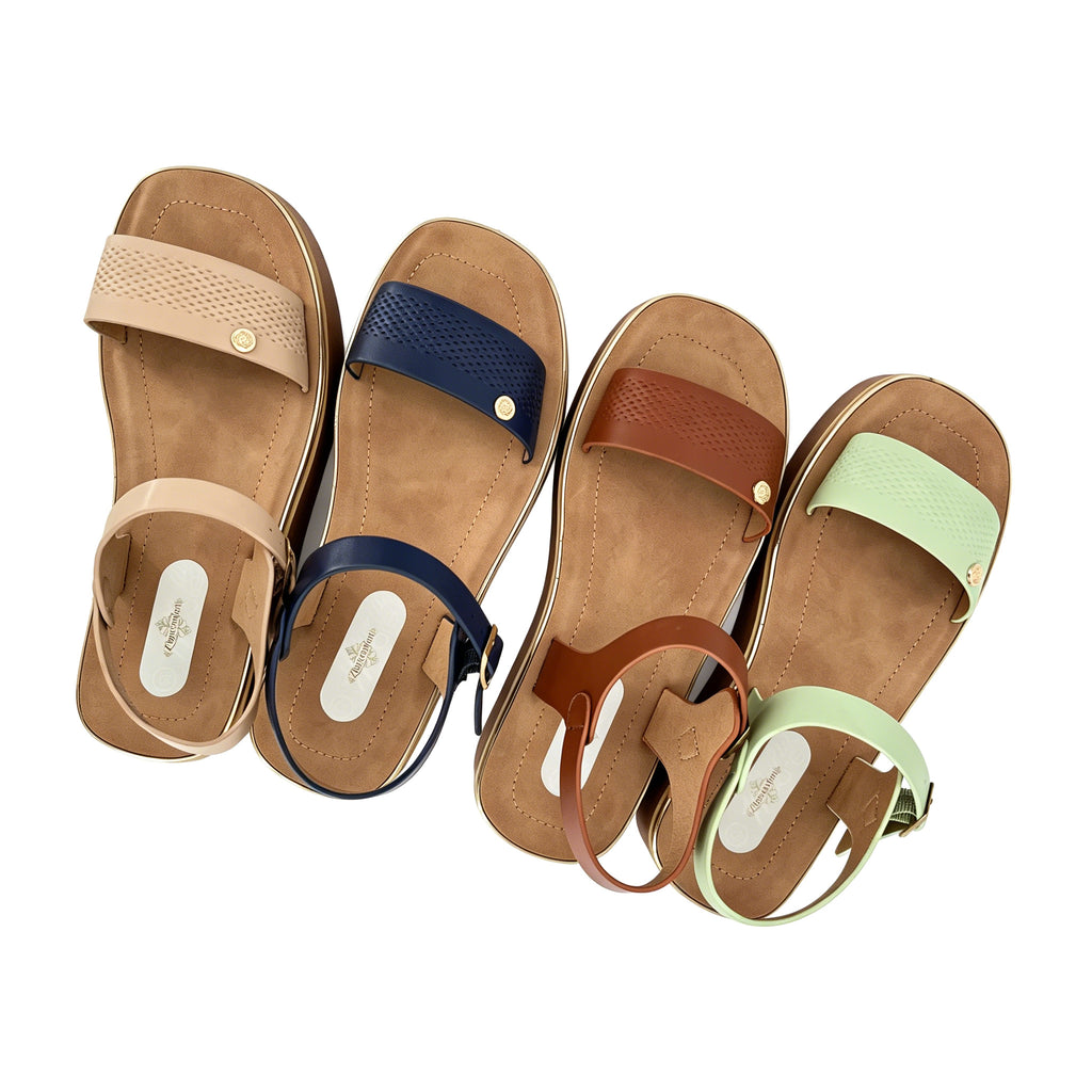 Women's Wide-Strap Platform Sandals with Gold Rose Badge | Multi-Line Gold Trim Platform