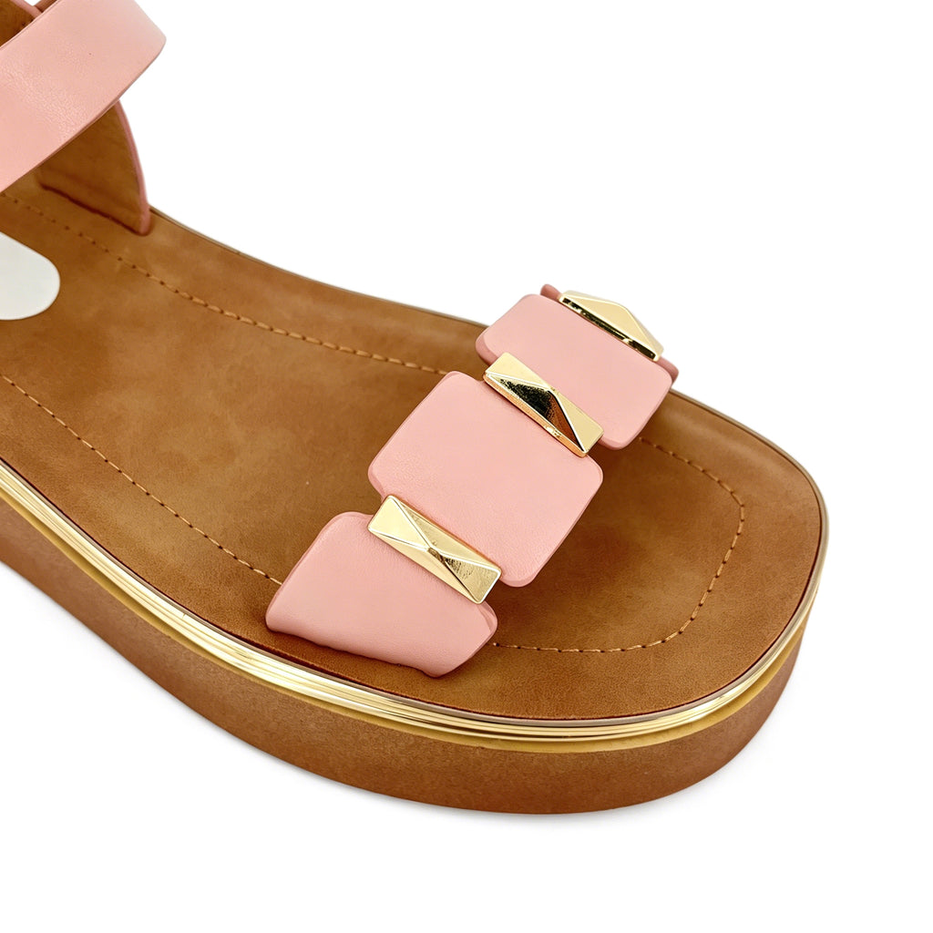Women's Toe-Ring Wedge Sandals with Triple Gold Pyramid Stud Blocks | Multi-Line Gold Trim Platform