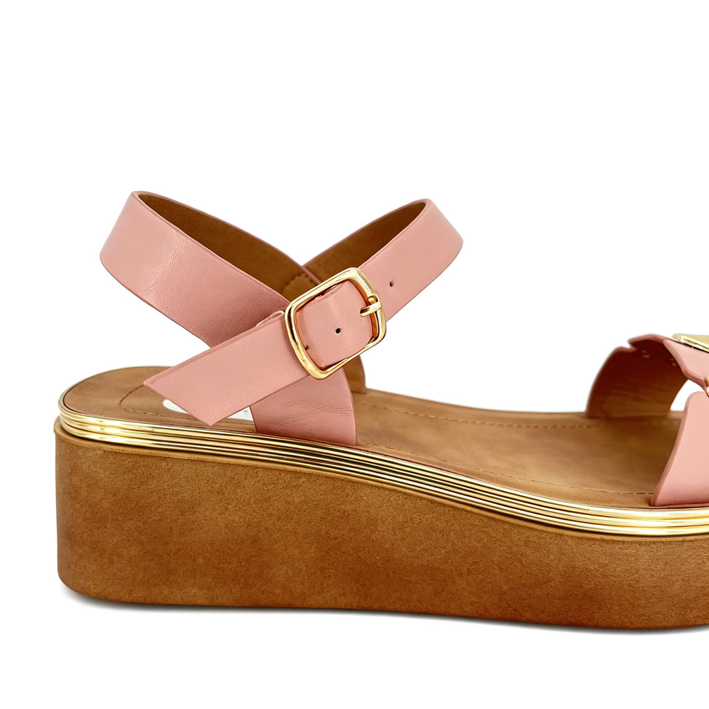 Women's Toe-Ring Wedge Sandals with Triple Gold Pyramid Stud Blocks | Multi-Line Gold Trim Platform