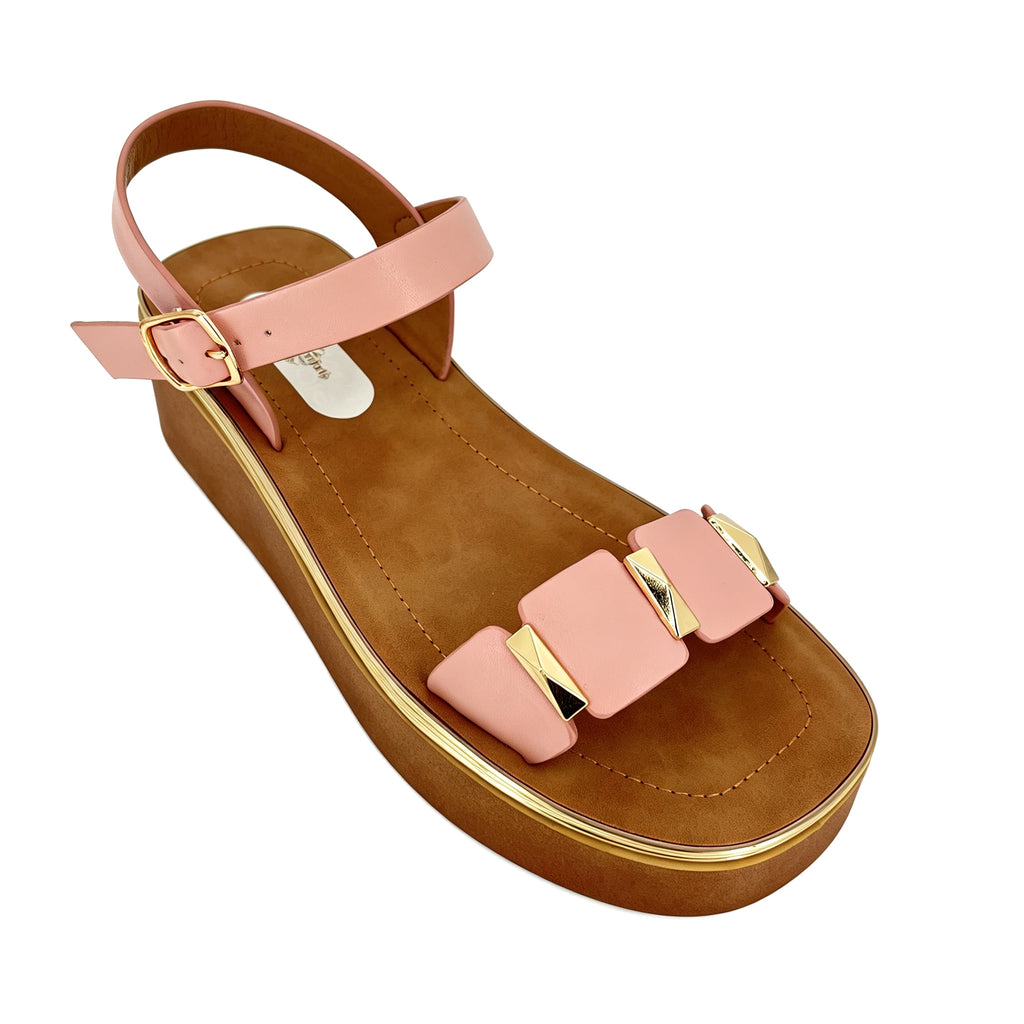 Women's Toe-Ring Wedge Sandals with Triple Gold Pyramid Stud Blocks | Multi-Line Gold Trim Platform