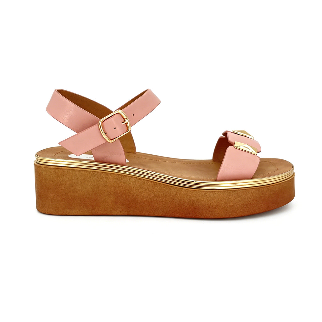 Women's Toe-Ring Wedge Sandals with Triple Gold Pyramid Stud Blocks | Multi-Line Gold Trim Platform