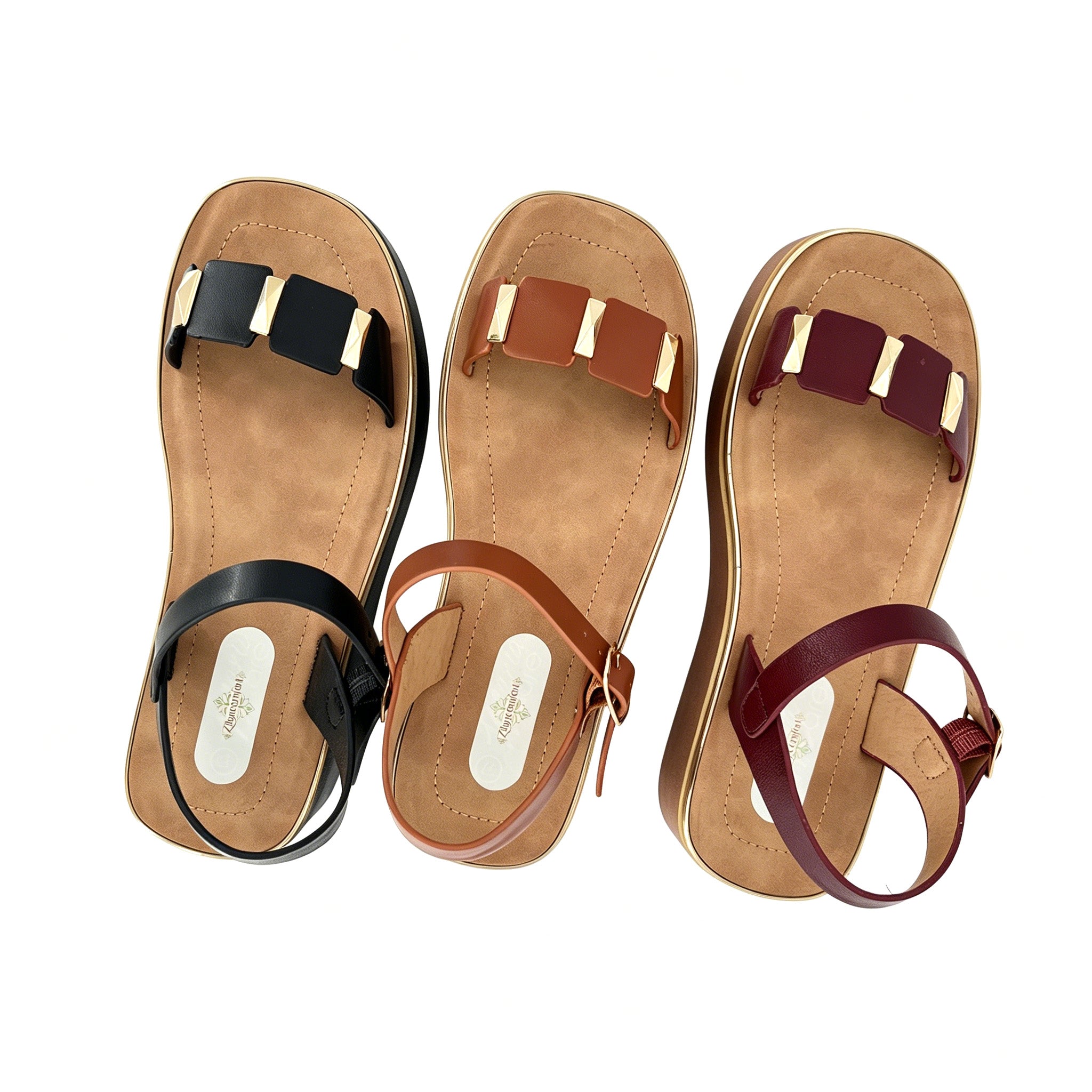 Women's Toe-Ring Wedge Sandals with Triple Gold Pyramid Stud Blocks | Multi-Line Gold Trim Platform