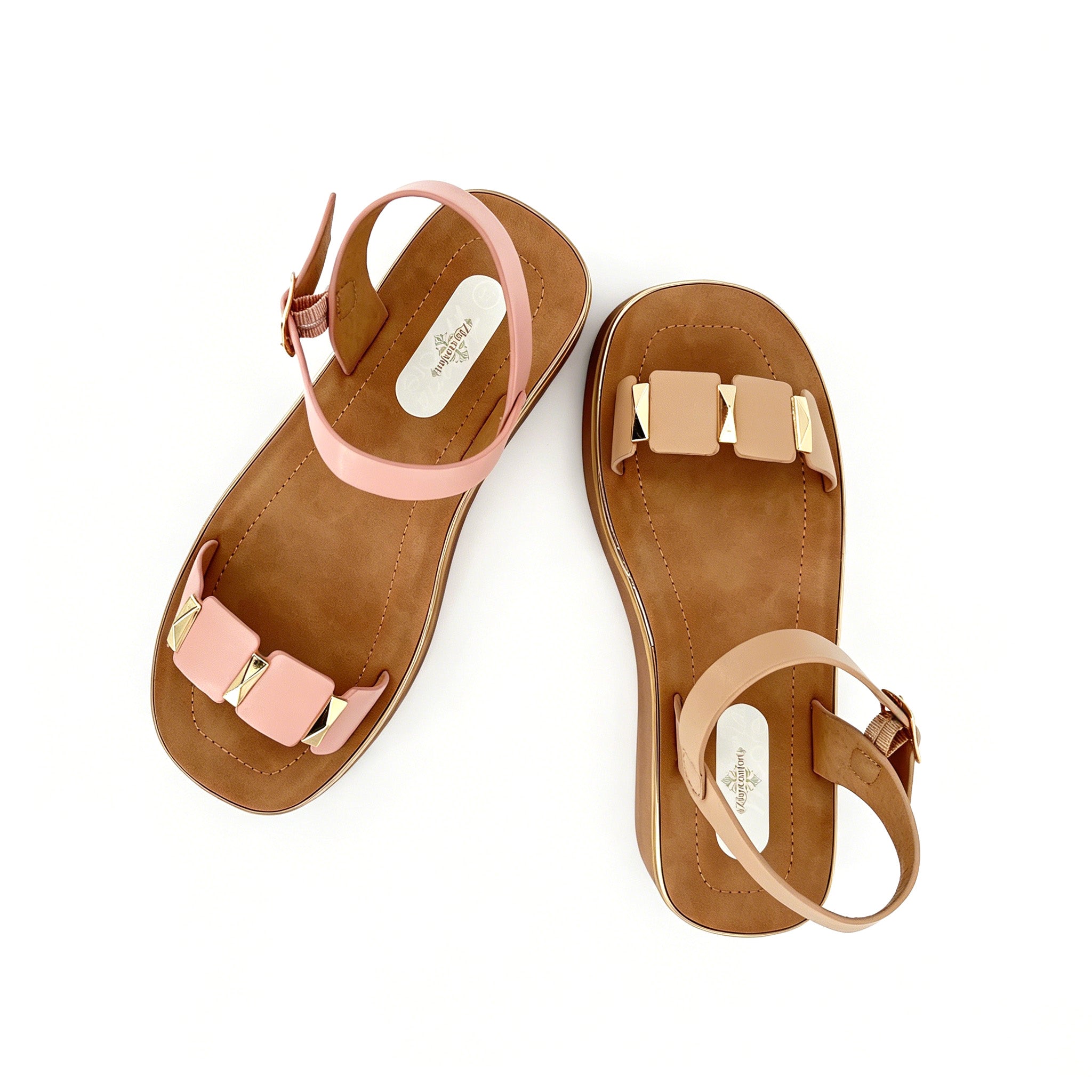 Women's Toe-Ring Wedge Sandals with Triple Gold Pyramid Stud Blocks | Multi-Line Gold Trim Platform