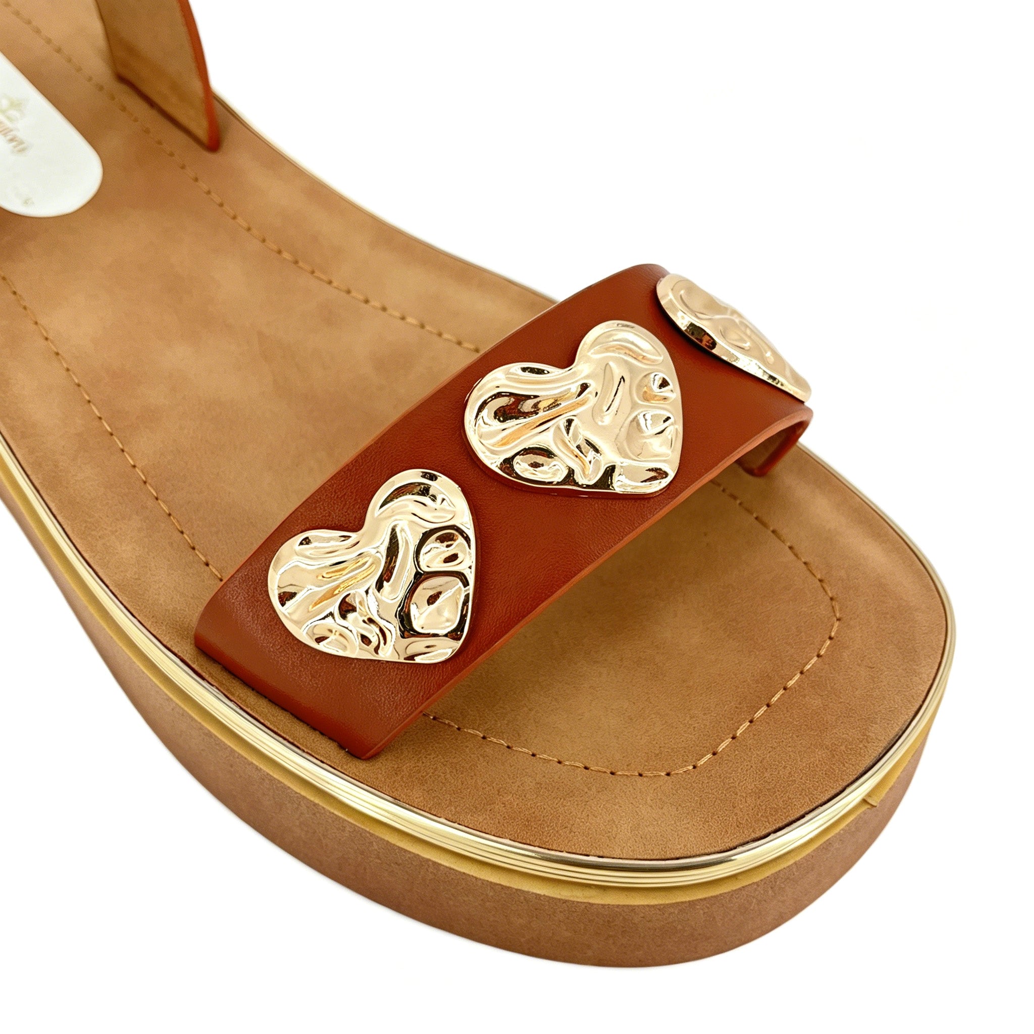 Women's Toe-Ring Platform Sandals with Triple Gold Hammered Heart | Chunky Cylinder Platform