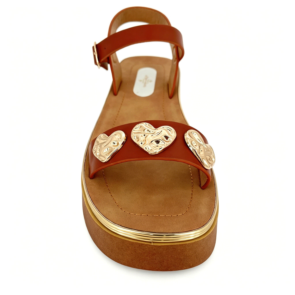Women's Toe-Ring Platform Sandals with Triple Gold Hammered Heart | Chunky Cylinder Platform
