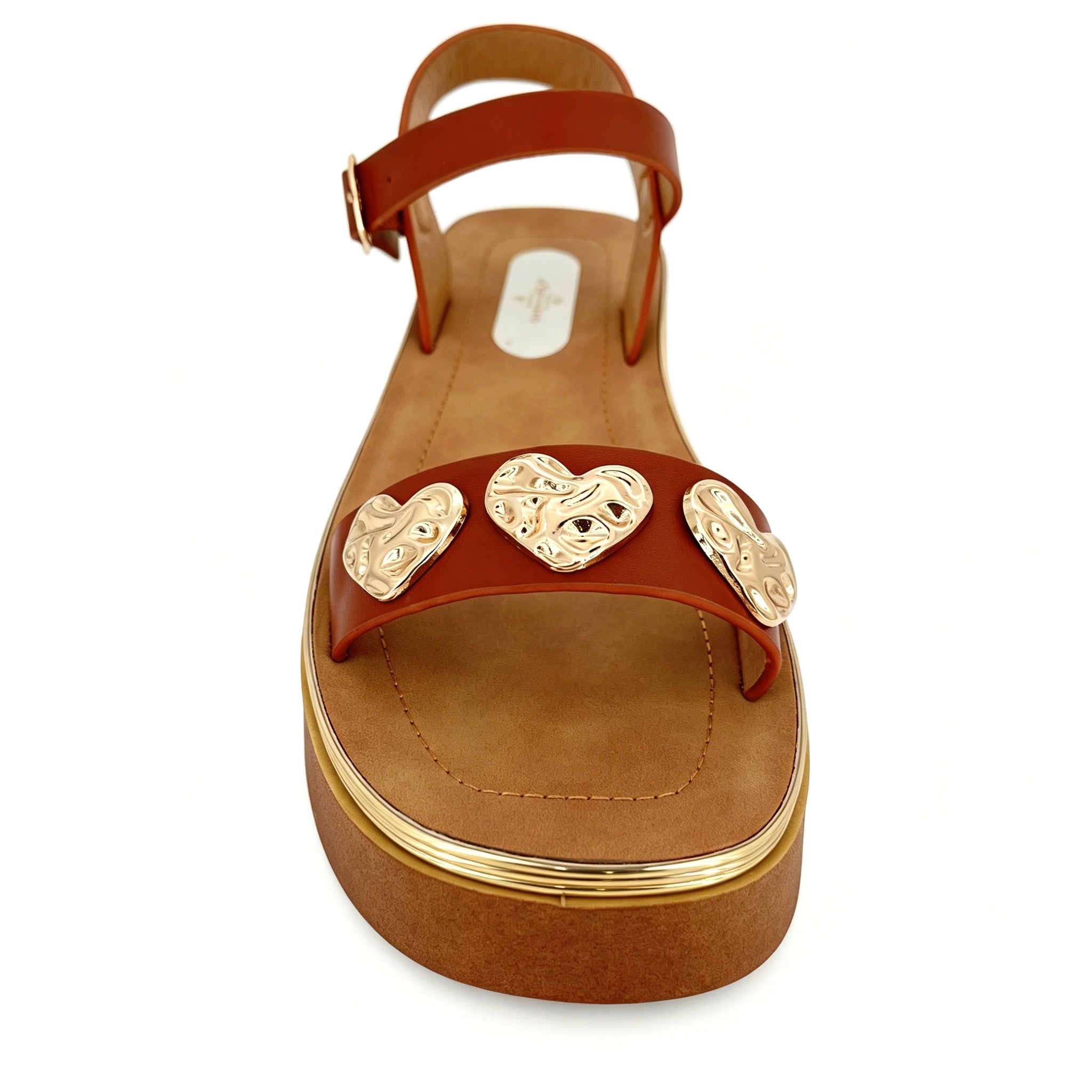 Women's Toe-Ring Platform Sandals with Triple Gold Hammered Heart | Chunky Cylinder Platform