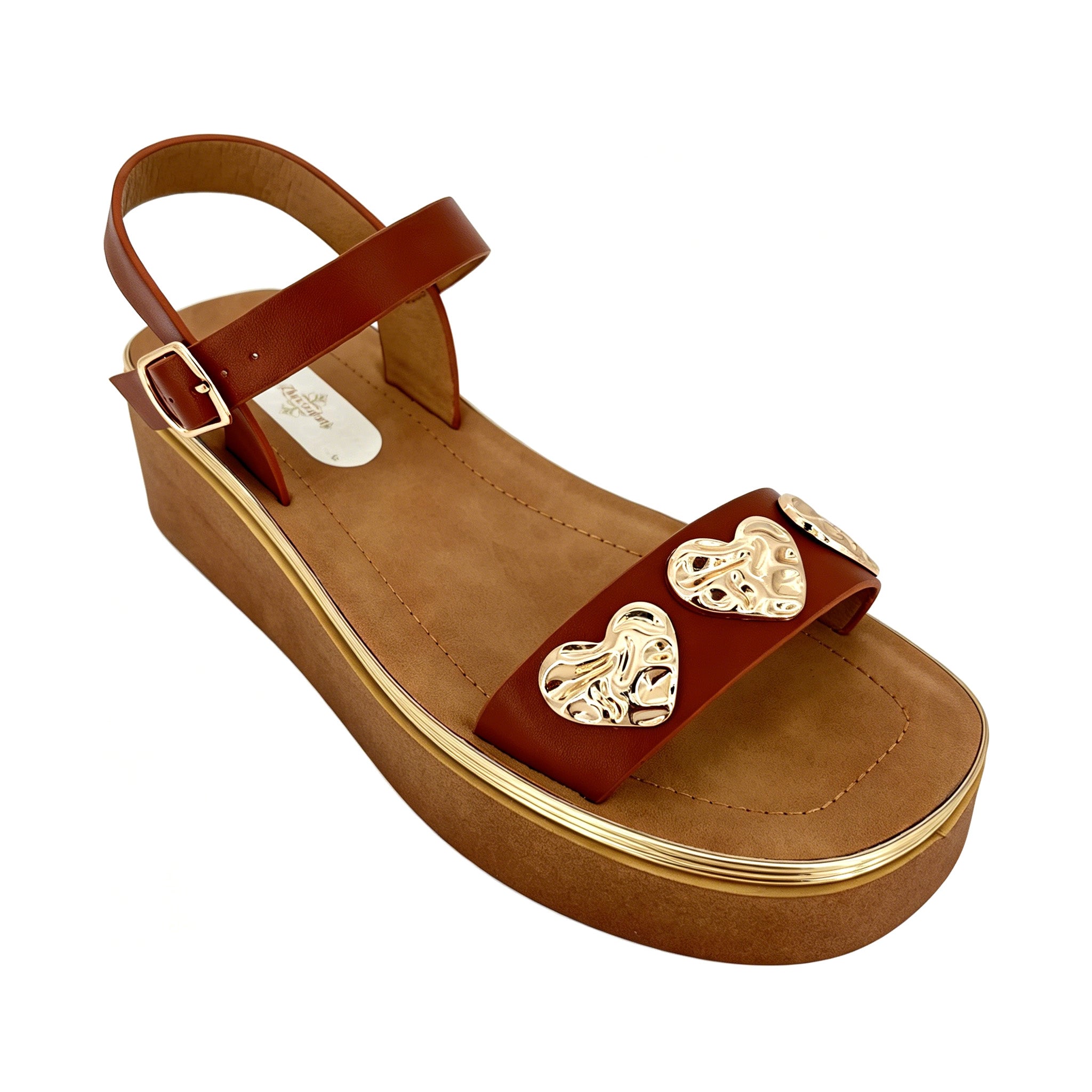 Women's Toe-Ring Platform Sandals with Triple Gold Hammered Heart | Chunky Cylinder Platform