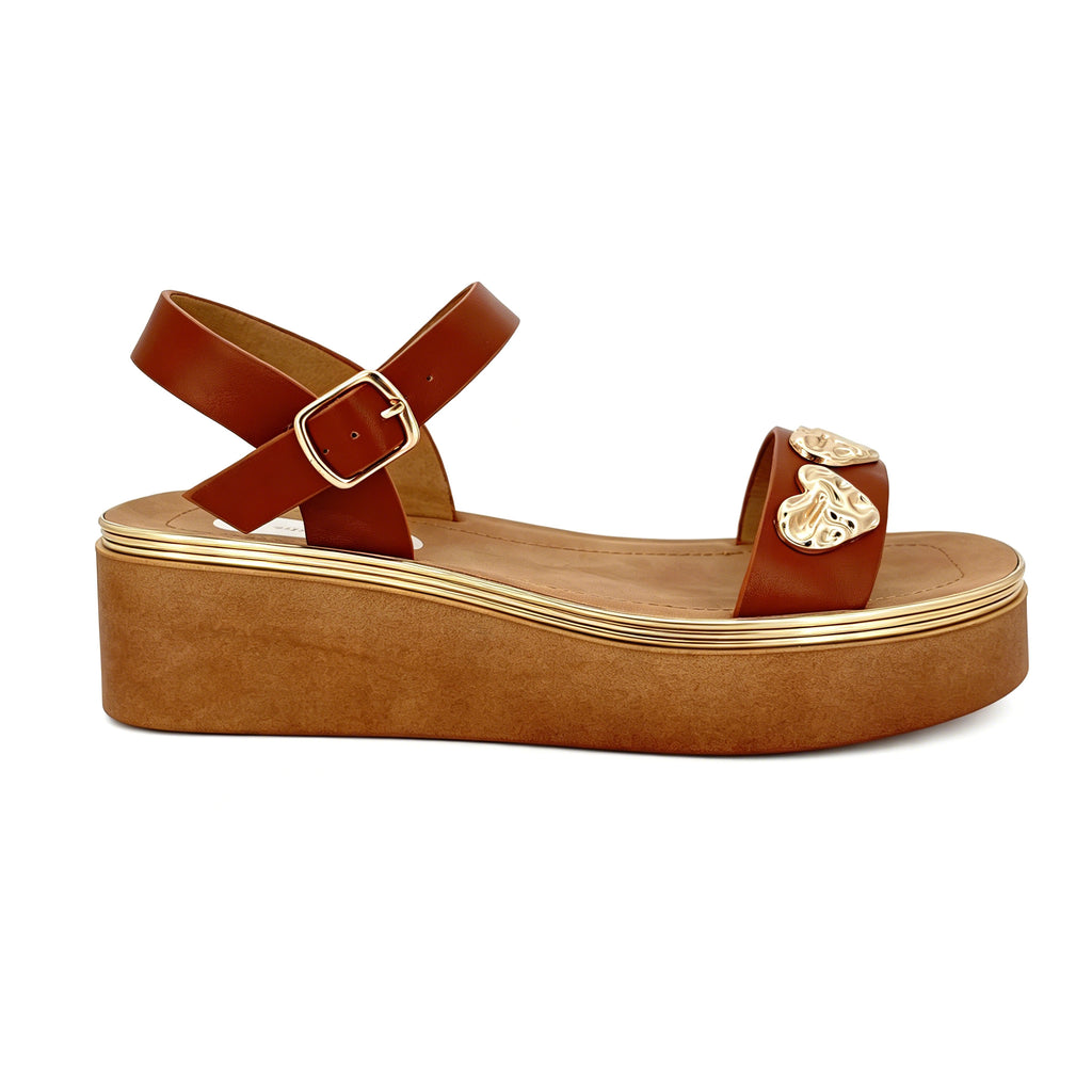 Women's Toe-Ring Platform Sandals with Triple Gold Hammered Heart | Chunky Cylinder Platform